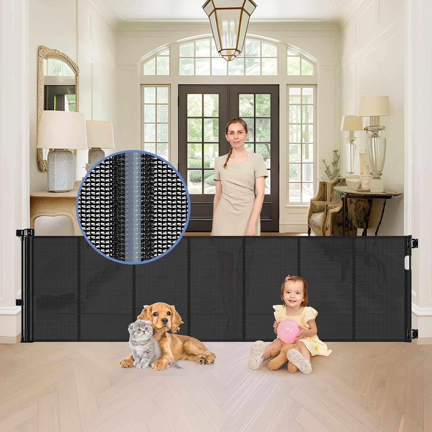 Reinforced 90 Inch Retractable Baby Gates Extra Wide Baby Gate with Reinforced Strips, 7.5ft Long Retractable Dog Gate for The House 33 Inch Tall Extra Long Pet Gates for Wide Openings, Black Black 33" Tall x 90" Wide? With Reinforced Strip?