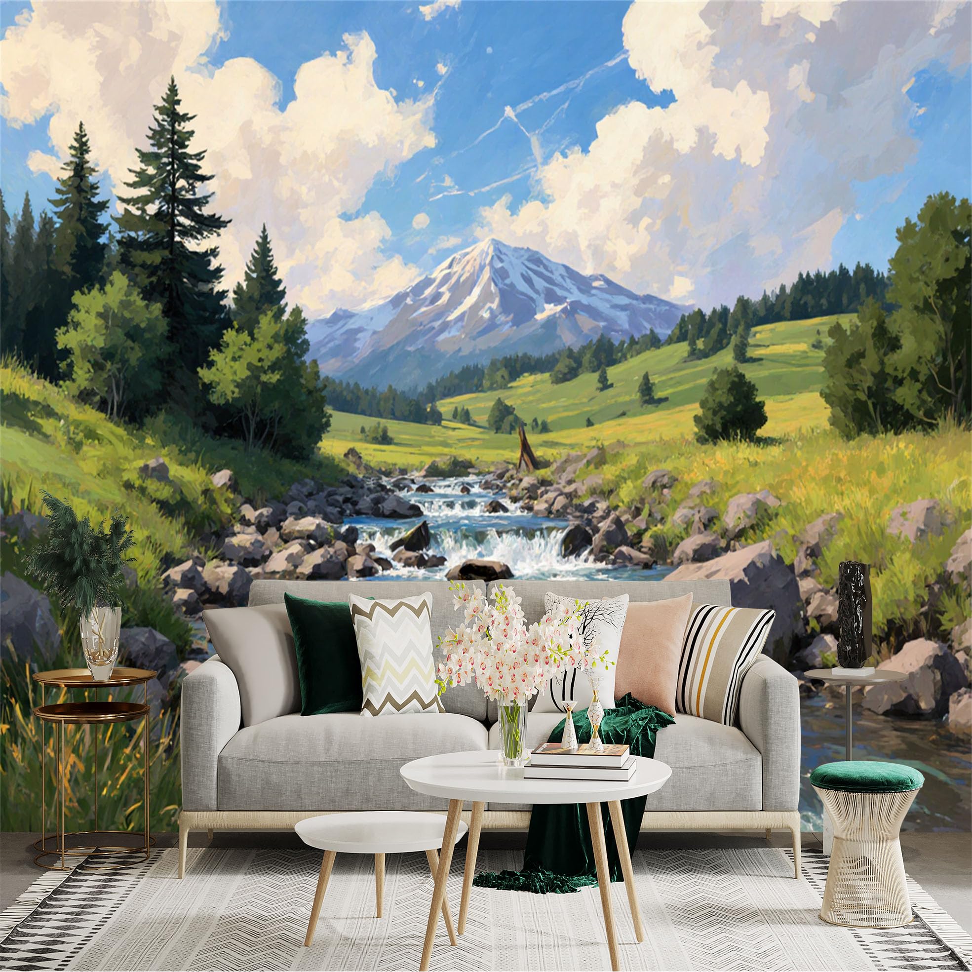 Lnzczhyre Xc260505432 Custom Size Wall Sticker Mural， Scenic Mountain River， Oil Painting Landscape， Lush Pine Forest， Serene Meadow， For Wall Decoration， Peelandstick Wall Decals.