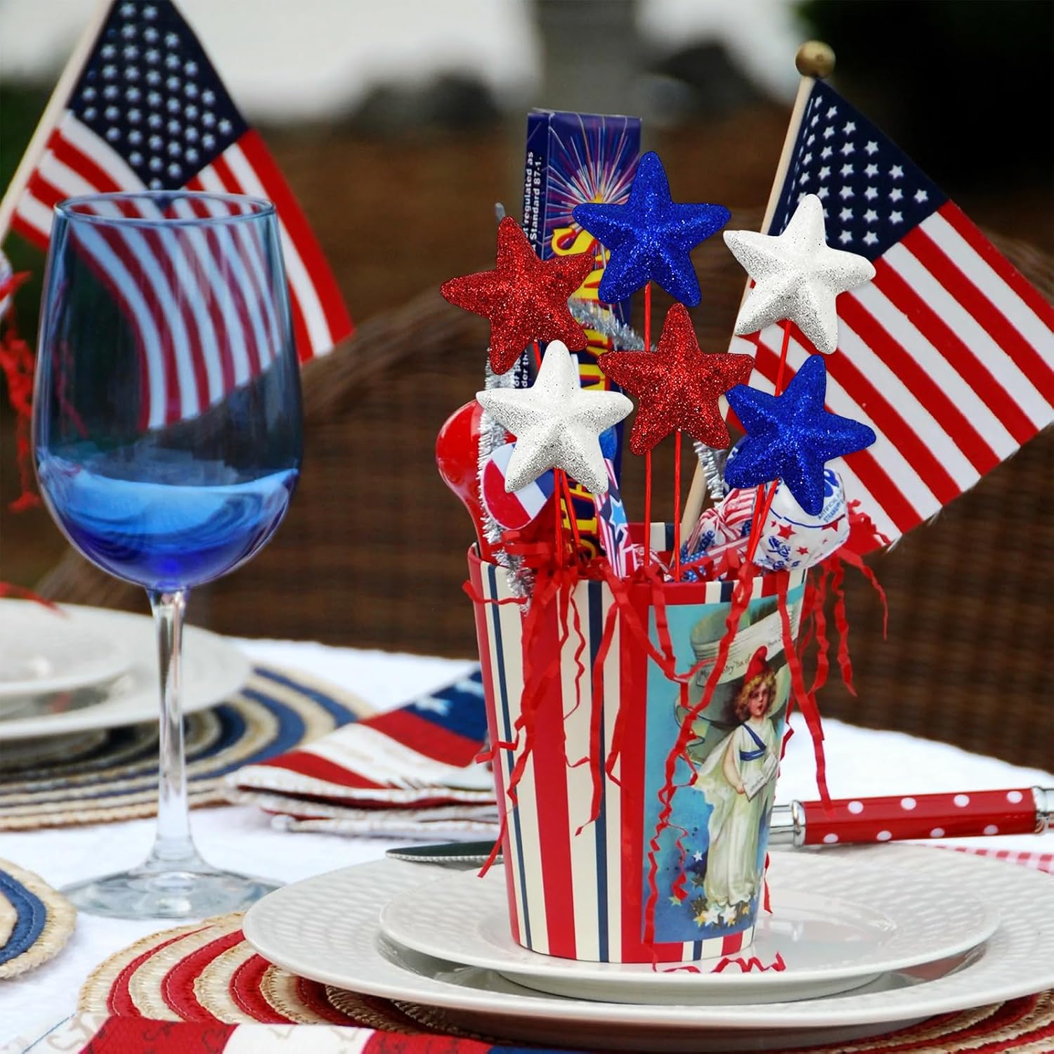 12 Pcs 4th of July Red White Blue Glitter Puffy Star Picks Foam Sparkly Sticks Floral Arranging Supplies for Memorial Day National Day Independence Day Party Table Centerpieces Decoration