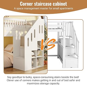 Solid Wood Bunk Bed with Slide&LED Lighting&Storage Stairs&Shelves, 3FT Single High Sleeper Bunk Beds Children's Bed with Guardrail&Slats, Multifunctional Loft Bed Frame for Kids Teens Adults, White