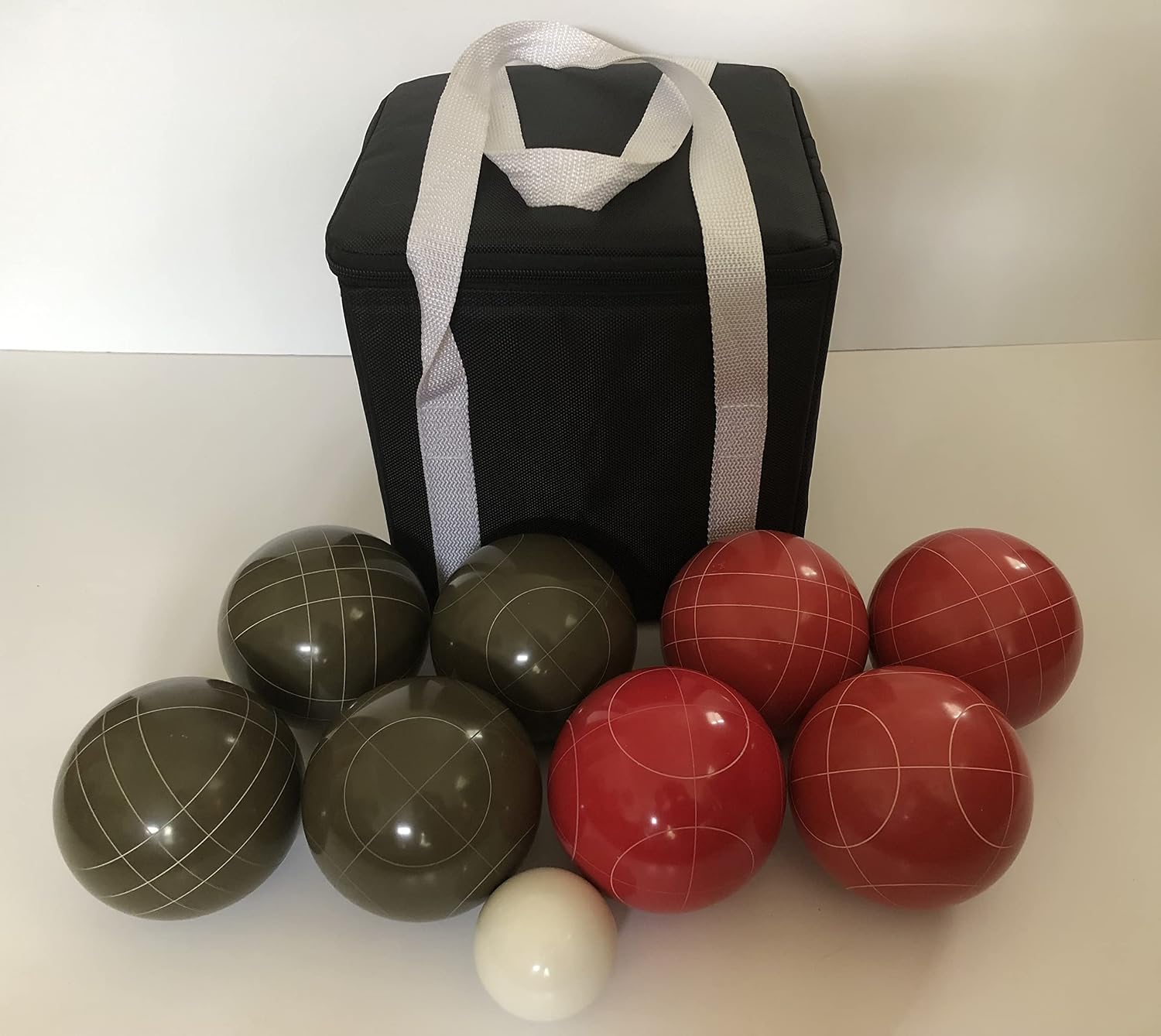 BuyBocceBalls Listing - Unique Bocce Set - 107mm with Olive Brown and Red Balls, Black Bag