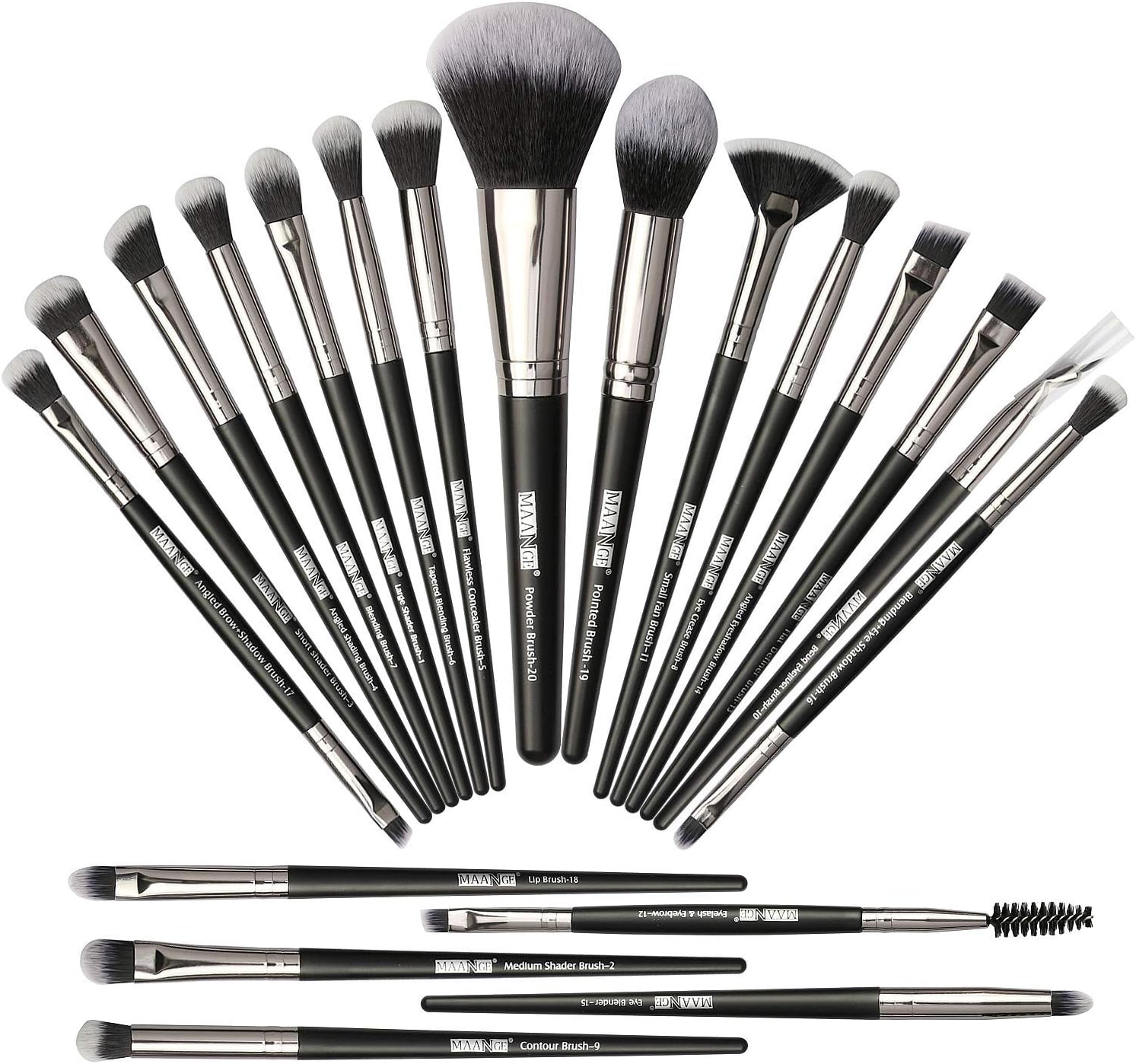 Makeup Brush Set 20 Pcs Foundation Eyeshadow Blush Brush Kabuki Blending Concealers Face Powder Eye Make Up Brushes Set Kit (Black Silver)
