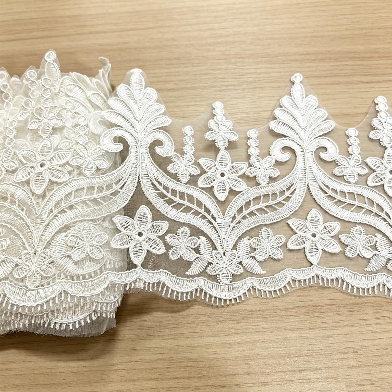 5 Meters Floral Embroidery Lace Trim 15cm Wide Vintage Scalloped Mesh Lace Ribbon, Decorative Sewing Lace for Wedding Dress, Curtain Hem, Pillow DIY Crafts