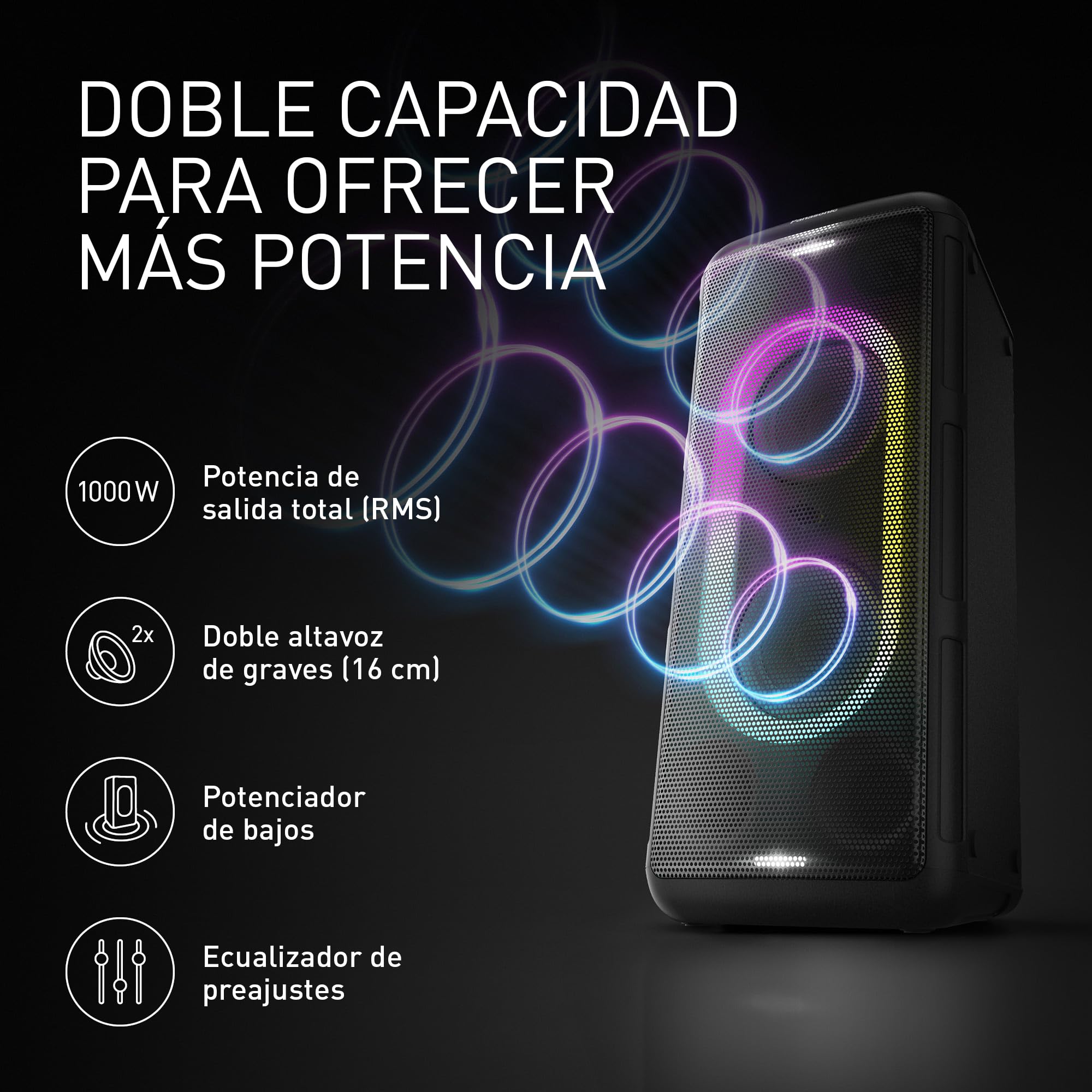 Panasonic SC-BMAX5E-K Altavoz Portátil para Fiestas con Bluetooth, Luces Integradas, 75 W, USB, Entrada Óptica para TV, Entradas de Guitarra y Micrófono para Karaoke, Negro