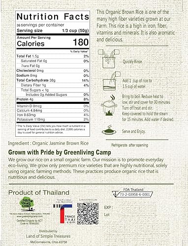 Miniatura 2 de Arroz de jazmín marrón orgánico de 4 libras de Tailandia, grano entero, vegano, natural, saludable, superalimento, sin gluten, certificado por USDA