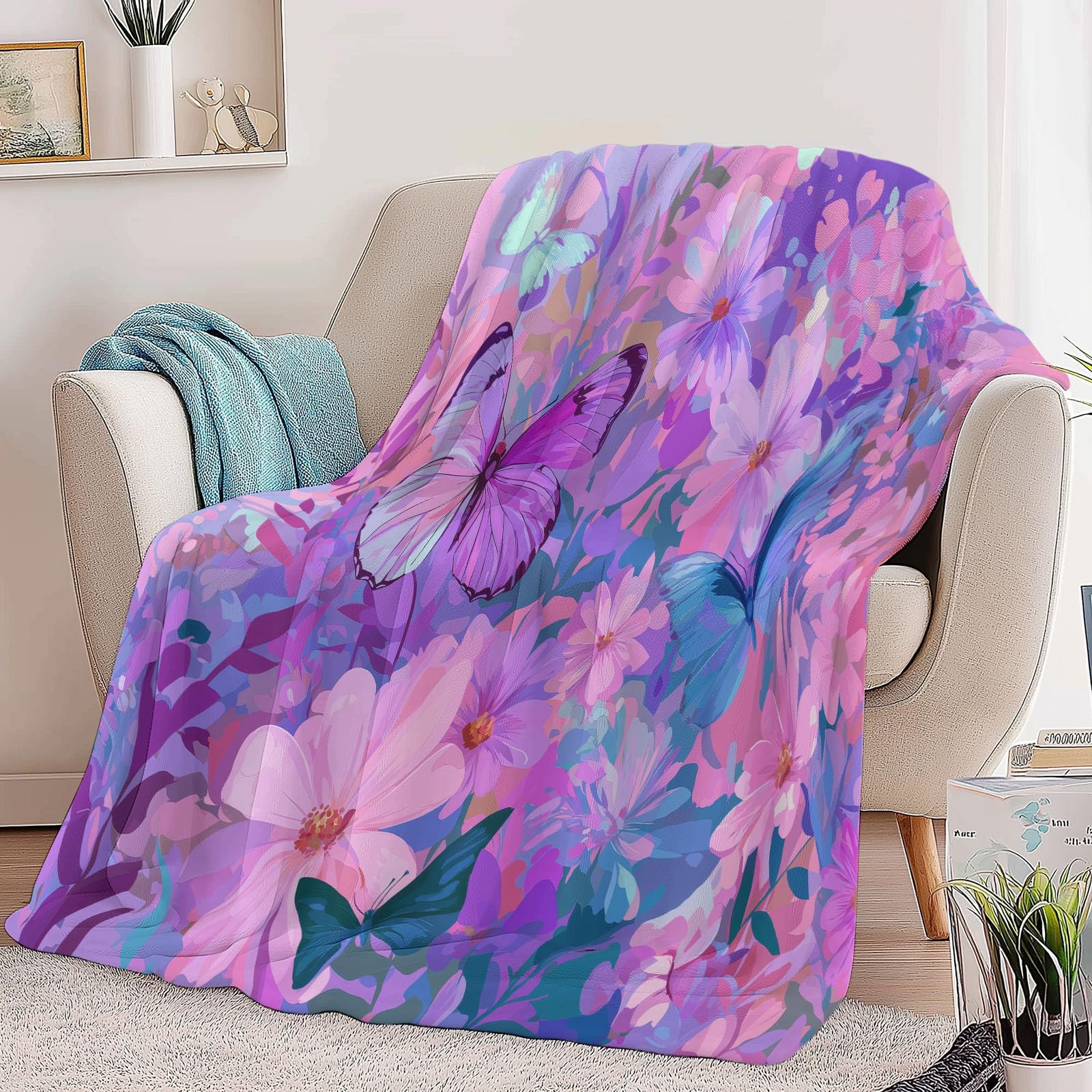Manta mullida con diseño de animales y mariposas y flores, color rosa, 220 x 240 cm, suave manta de forro polar de microfibra, cálida manta para sofá, cama o sofá