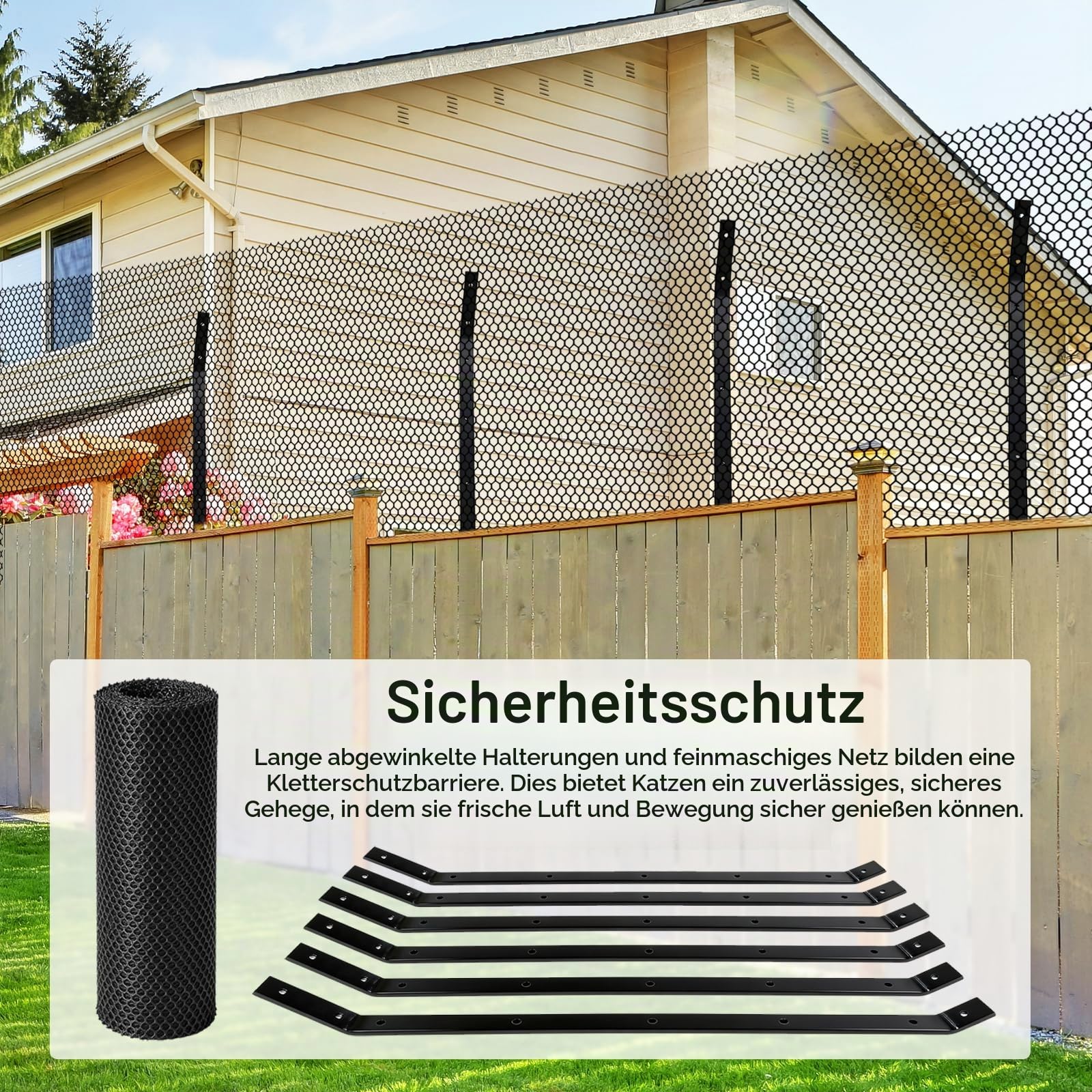Katzensicherer Kletterschutz, 10 M Langes Übersteigschutz für zäune, Wetterfestes Rostfreie Katzennetz Schutznetz mit Wandhalterungen für Sicheren Schutz Ihrer Katze im Garten