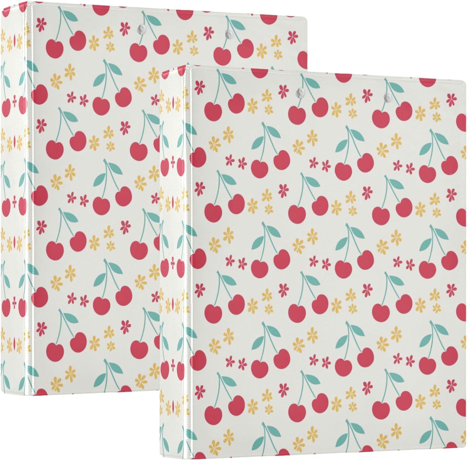 Cute Cherry Pattern 3 Ring Binders, 1.5” Round Ring Binders with Clipboard - Letter Size, 3 Interior PVC Clear Pockets & Anti-Slip Clip for Office School Supplies, 2PCS