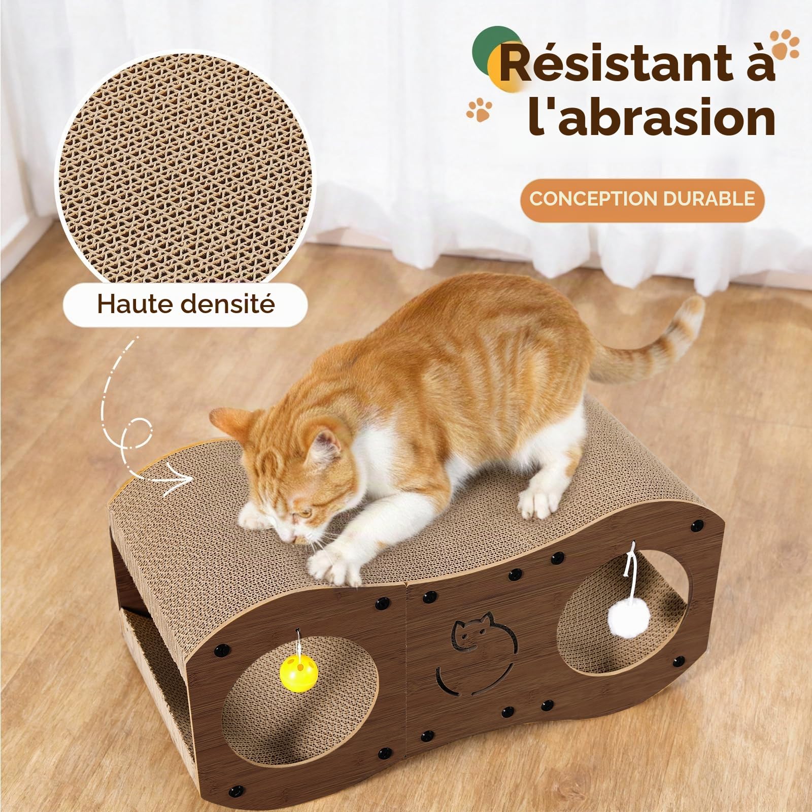 Gimars Griffoir Chat en Carton 3-en-1 avec Tunnel, Griffoir en Carton pour Chats avec Balles, Protection des Meubles, Style Bois (Noyer)