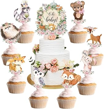49 Pcs Woodland Cupcake Topper Neutral Forest Animal Cupcake Toppers for Woodland Baby Shower Decorations Floral Leaf Boho Birthday Party Supplies Gender Reveal Favors DecorFlower Style