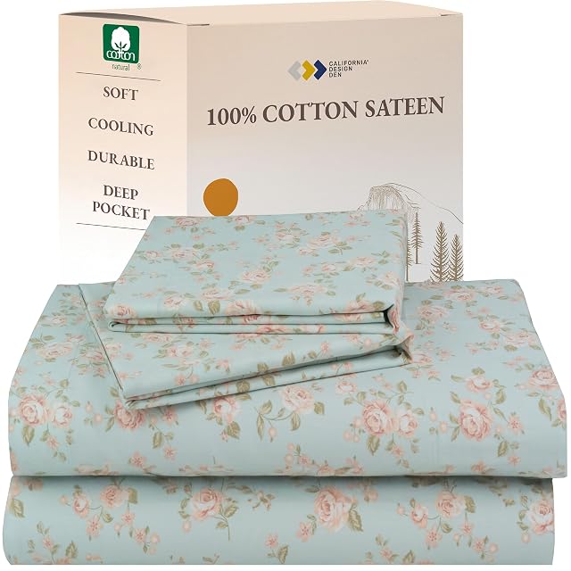 California Design Den Soft Natural 100% Cotton Sateen Queen Size Bedsheets, Vintage Rose Print