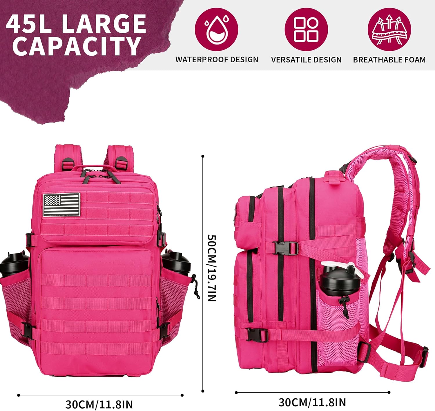 45L Military Tactical Backpacks 3 Days Assault Pack Bag Fitness Rucksack 3 Day Bug Out Bag Hiking Treeking Molle Daypack (RoseRed&Black)