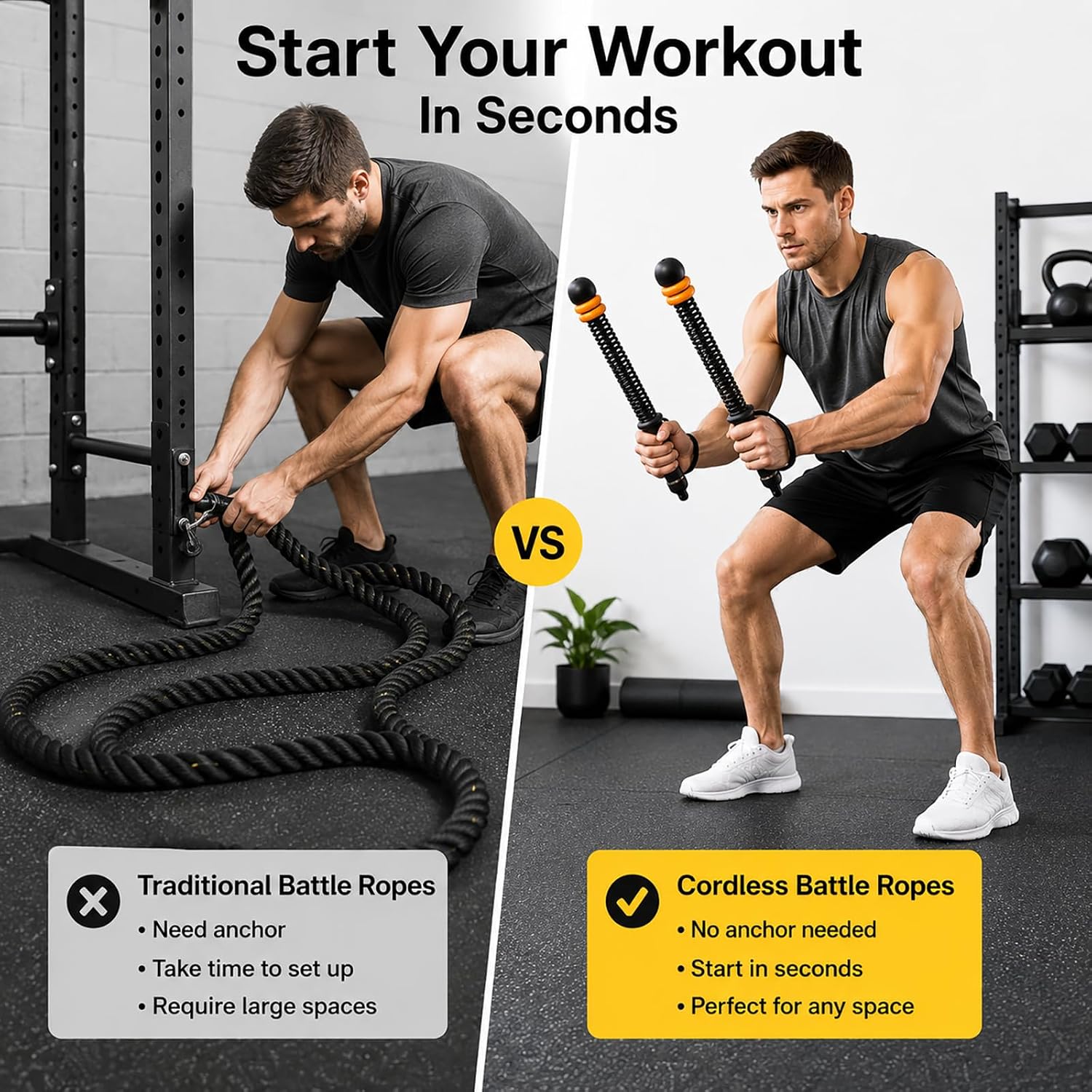 Cordless Battle Ropes for Exercise, Ropeless Battle Rope Workout Equipment | Portable Home Gym Equipment with Weighted Rings for HIIT, Cardio, Strength Training and Full Body Workouts in Small Spaces