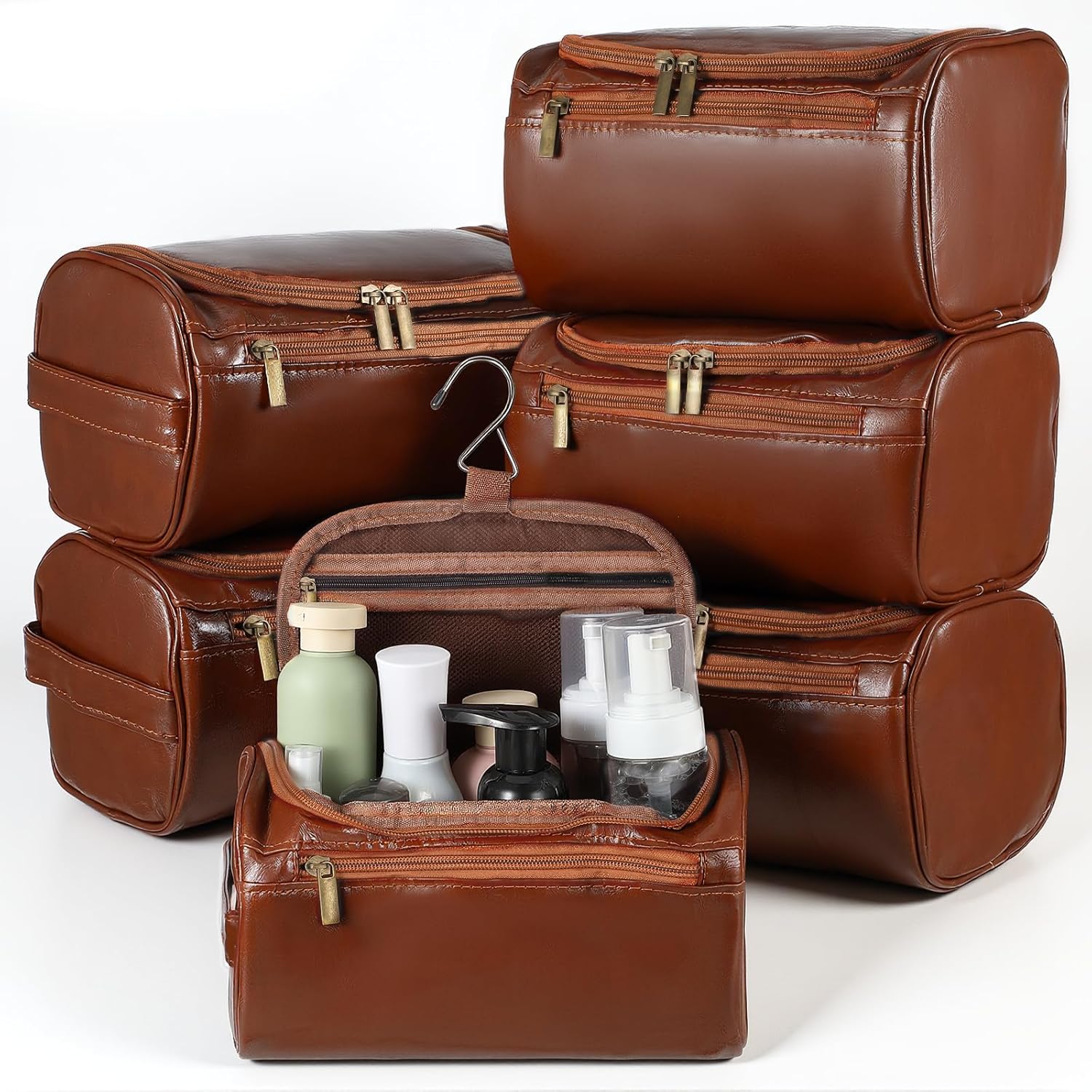 6 Pcs Toiletry Bag for Men Set of 6 Leather Toiletry-Bag for Men with Hook Premium Waterproof Dopp Kit Groomsmen Toiletry Bags PU leather cosmetic bags for Travel Essentials Gifts