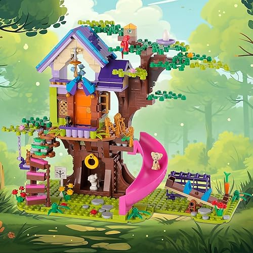 Miniatura 3 de PinkBee Kit de construcción de casa de árbol de amigos para niñas, amistad, bosque, selva, casa del árbol, mascotas, juego de juguetes con balancín,