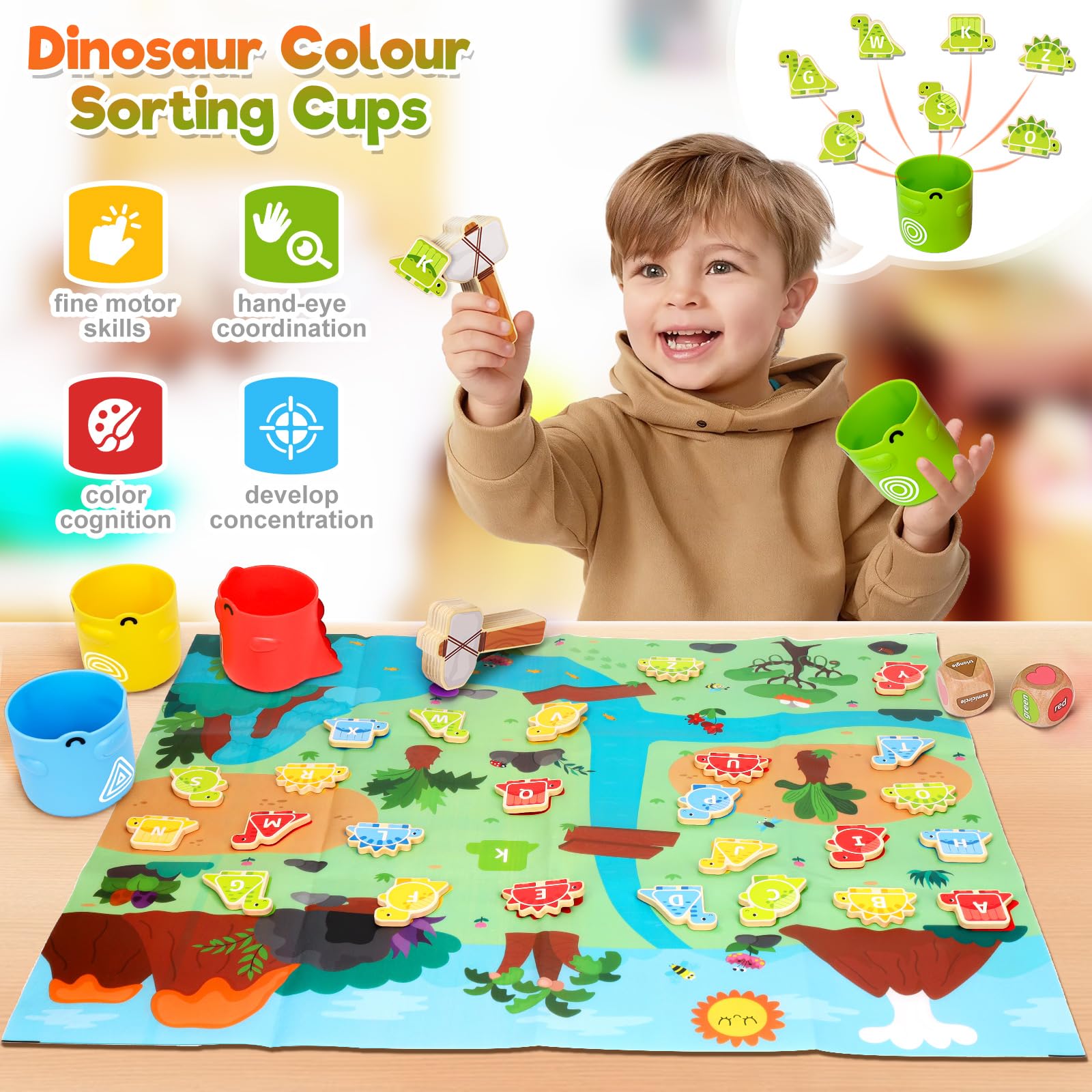 ZippyZoom Montessori Dinosaur Sorting Toddler Toys: Wooden Alphabet Matching Game for Toddlers 1-3 - Image 2