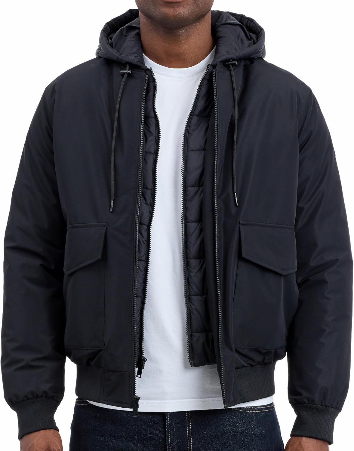 Michael Kors mens Puffer Bomber Jacket for Men With Insulating Vest-style Bib, Extra Warm Bomber for Cold Weather