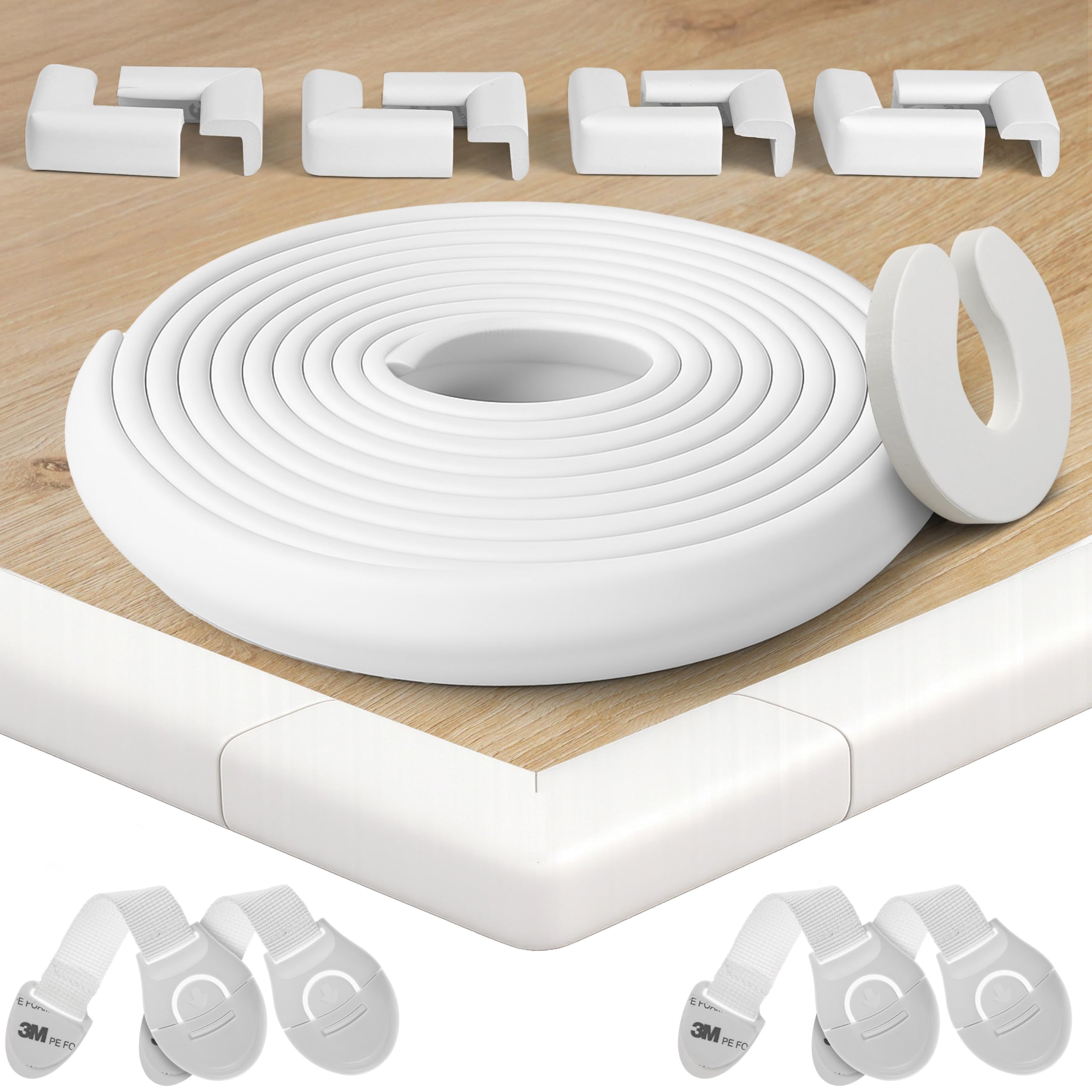 Happy Chlea Coin de Table Protection Bébé – 6,4 m Couverture Totale (Protection Bords et Angles + 8 Protège-Angles), Anti-Choc pour Meubles, 4 Bloque-Tiroirs + 1 Bloque-Porte Sécurité Enfant
