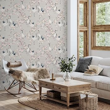 Arthouse Blossom Crane Birds Wallpaper - Pink/Cream 924800