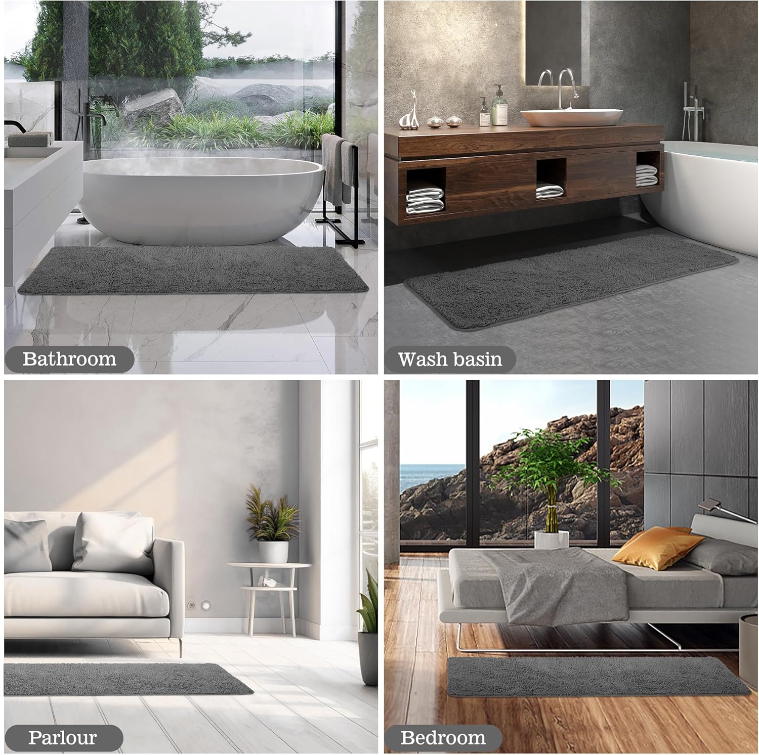 Yeaban Bathroom Runner Rug 24"x 60" – Thick Chenille Long Bath Mat | Absorbent and Washable Extra Large Bath Rug Non-Slip, Soft Runner Rug for Bathroom, Shower, Sink - (Dark Gray)