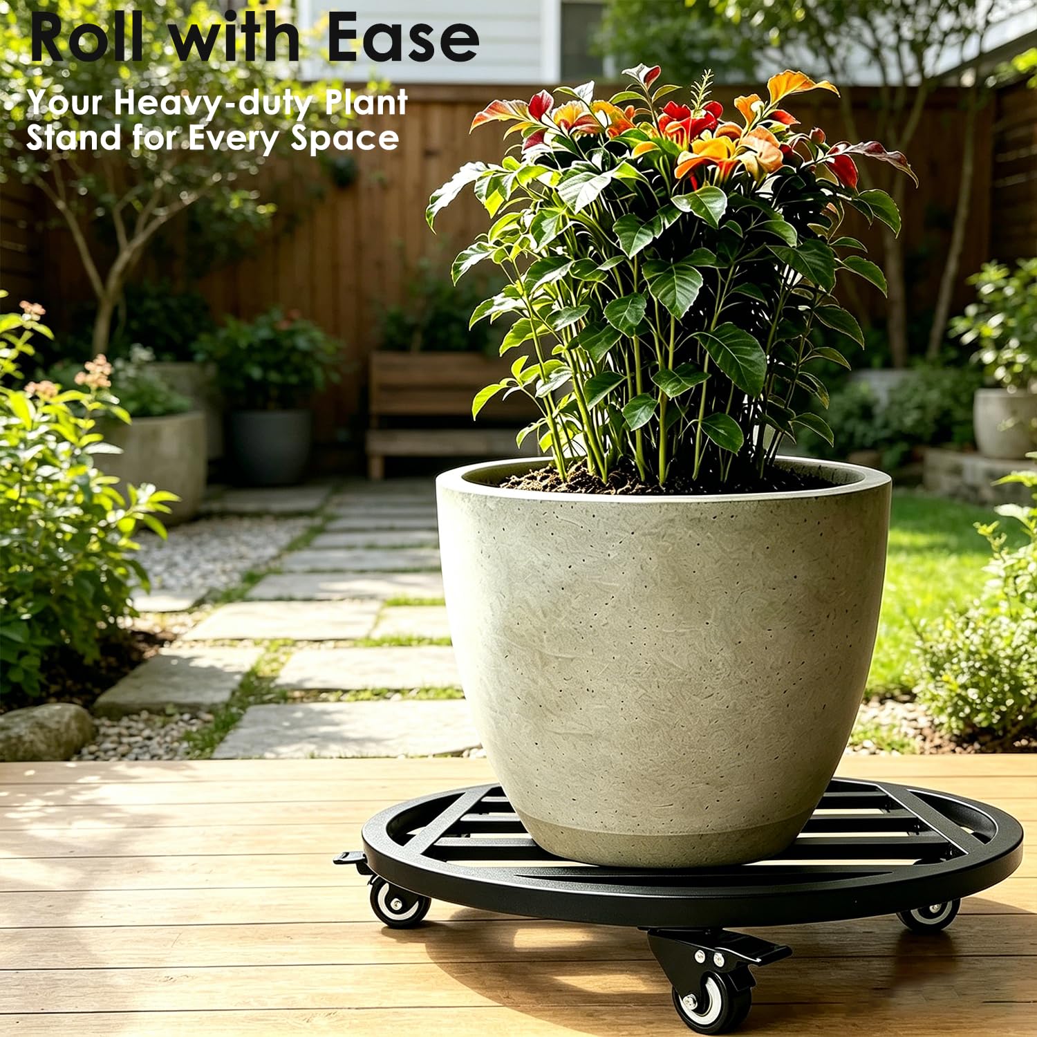 Chariot rond à roulettes robuste de 45,7 cm pour plantes - 226,8 kg - Utilisation intérieure et extérieure - Chariot roulant avec roulettes industrielles - Plateau noir pour grands pots de