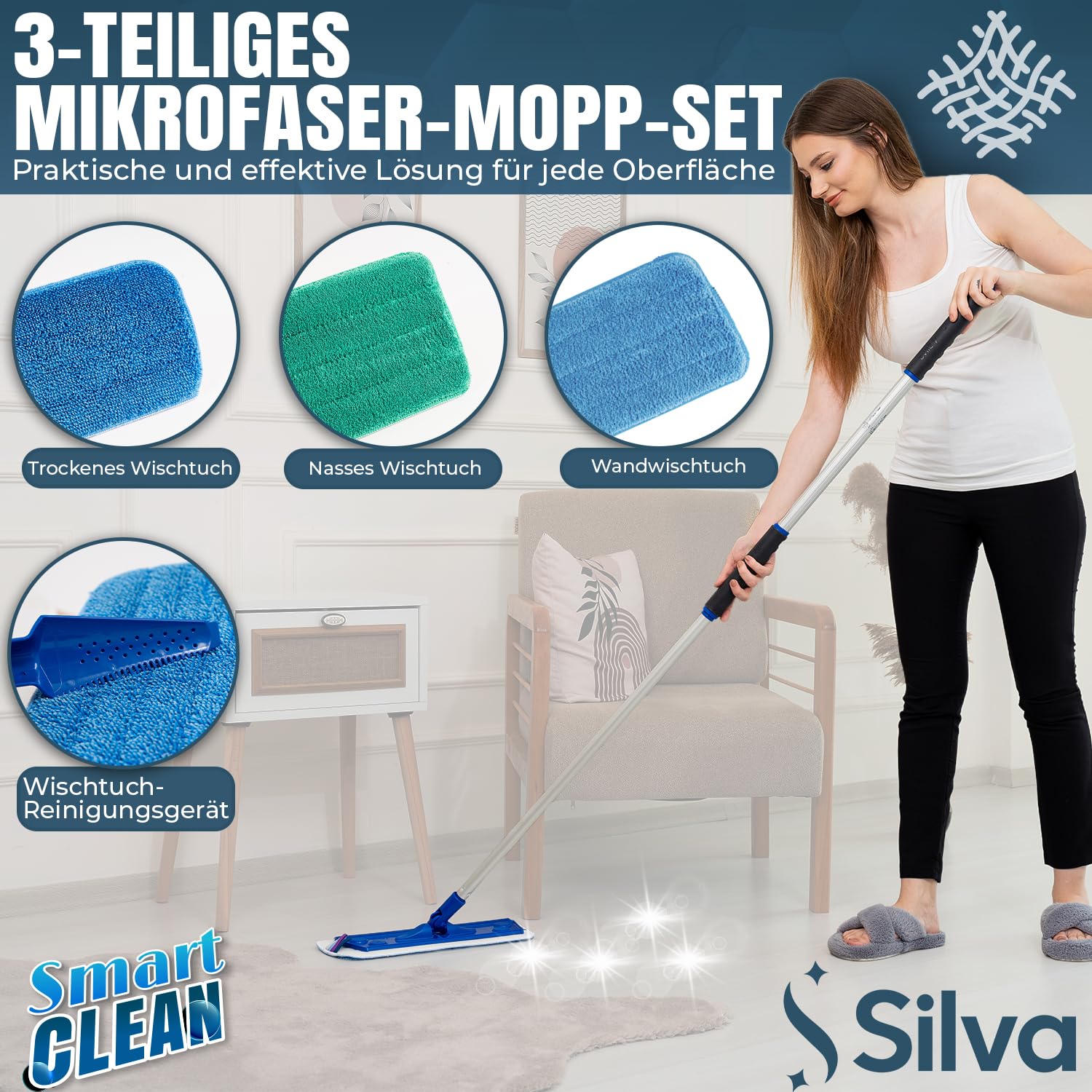 [Test SEHR GUT, Note 1.0*] Silva Ergonomischer Bodenwischer mit Teleskopstiel 90–156 cm | Mikrofaser Wischmopp Set mit 3 Bezügen (nass, trocken, Wand) | 360° Drehgelenk, für Fliesen, Parkett & Fenster