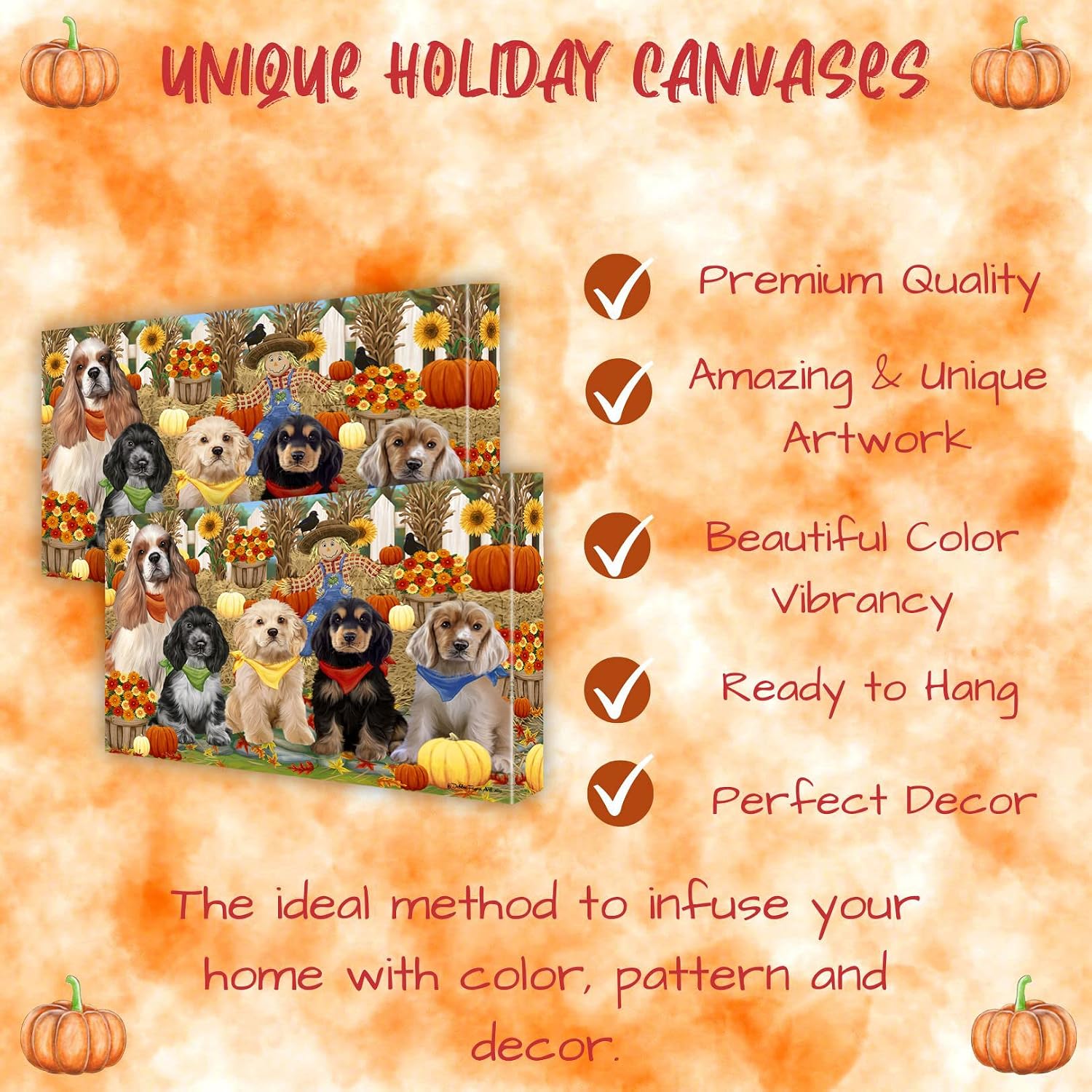 Fall Festival with Cocker Spaniel Dogs Canvas Wall Art - Premium Quality Ready to Hang Room Decor - Pecan Floating Framed 16" x 16"