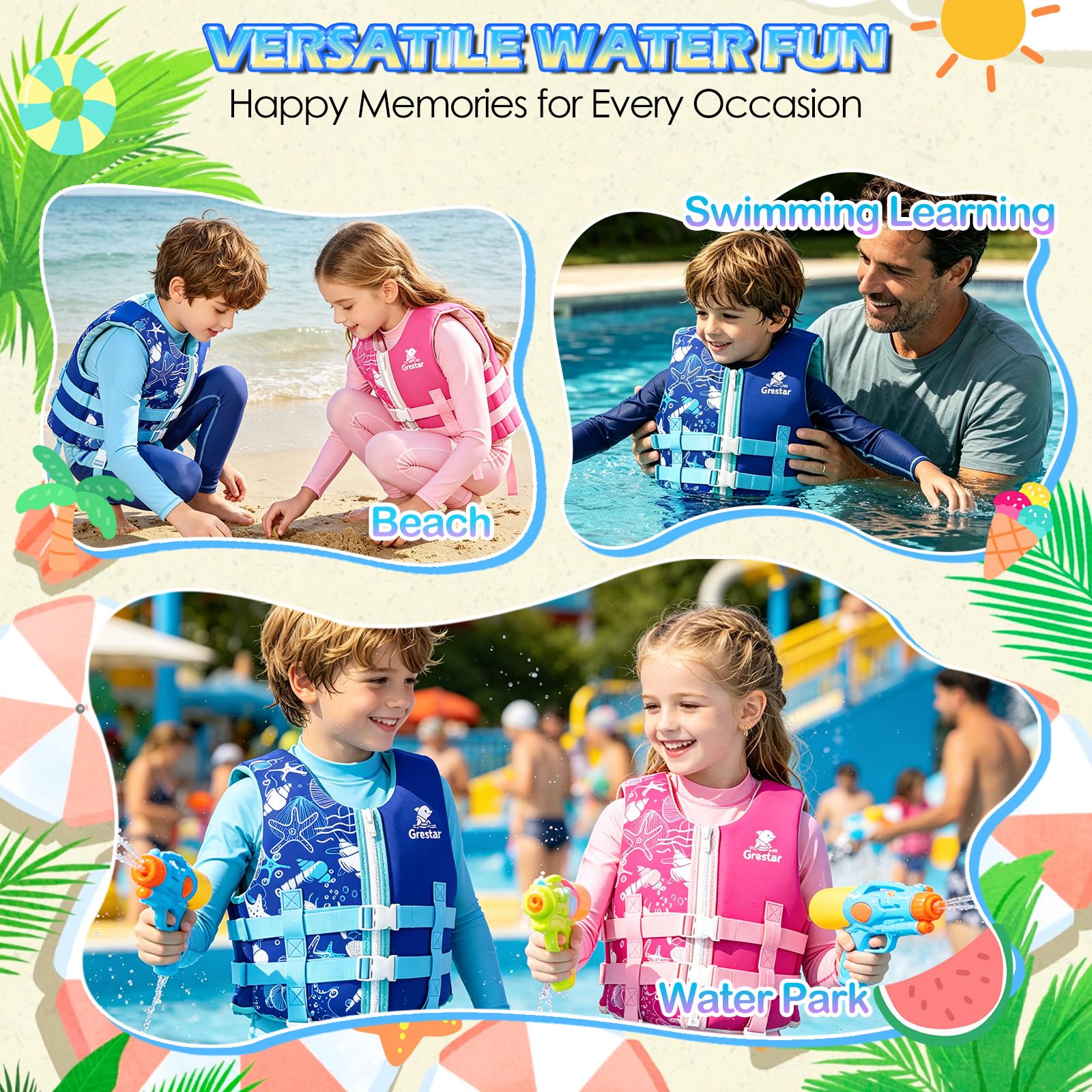 Chaleco Flotador Infantil con Correa Ajustable, Grestar Chaleco Piscina Bebe, Chaleco de Natación de Neopreno para Niños y Niñas de 2 a 9 Años / 15-35 kg