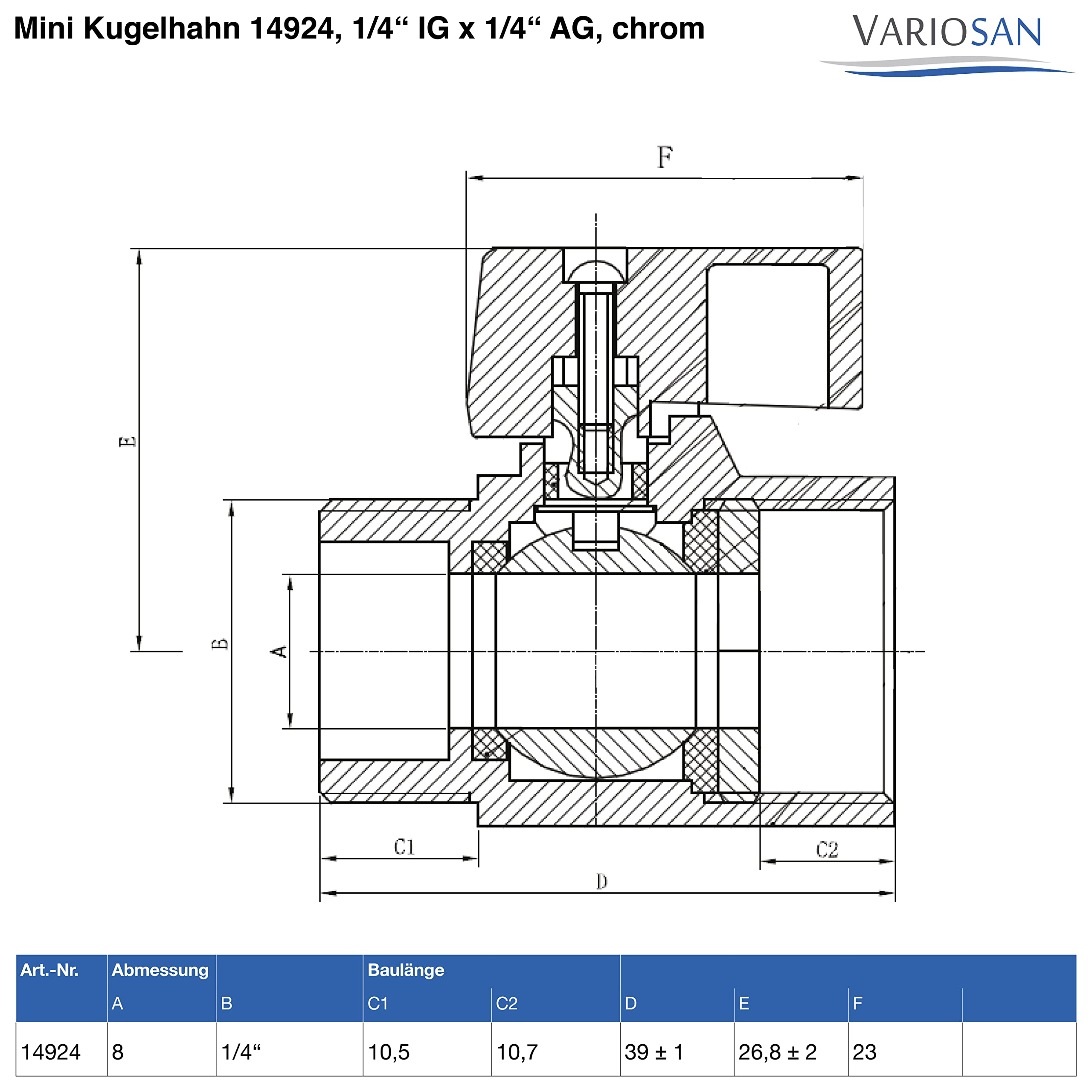VARIOSAN Mini Ball Valve, Brass 14924, 1/4 Inch Female x 1/4 Inch Male Thread - Image 4