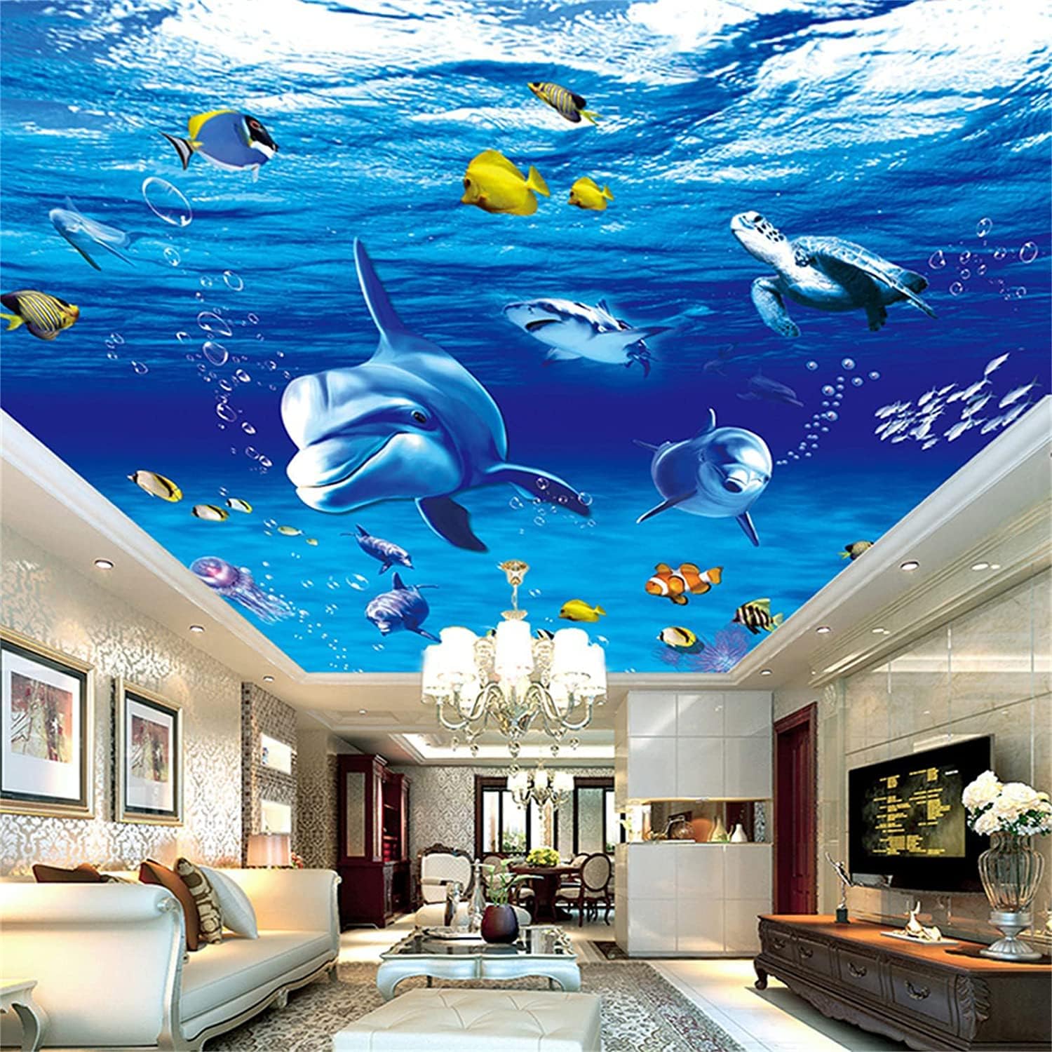 3D Cartoon Ocean World Ceiling Mural, Removable Wallpaper Wall Decor Mural Boys Girls Kids Room Living Room TV Sofa Background Decoration