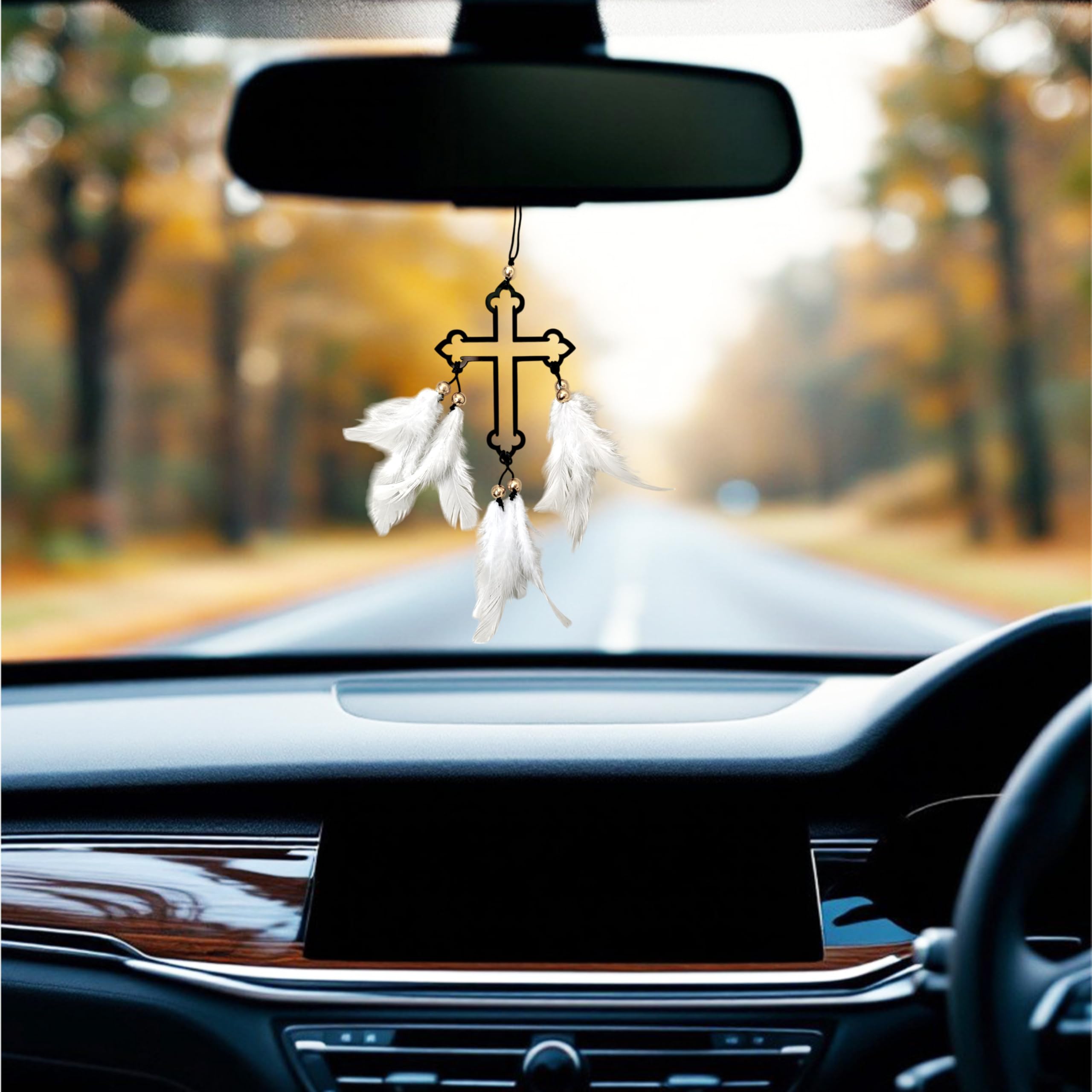 Dream Catcher Jiyu Creation Lord Ishu Bhagvan Cross White Them Wall Hanging Car Front Mirror Hanger/ Car Rear View/ Decorative Wall Hanging for Home,Temple Made with Acrylic Material with Feathers