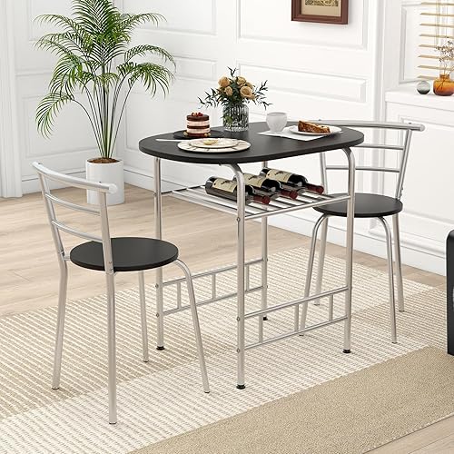 GOFLAME Juego de mesa de comedor de 3 piezas, mesa de cocina y 2 sillas con estante para vino, marco de metal, juego de comedor que ahorra espacio,