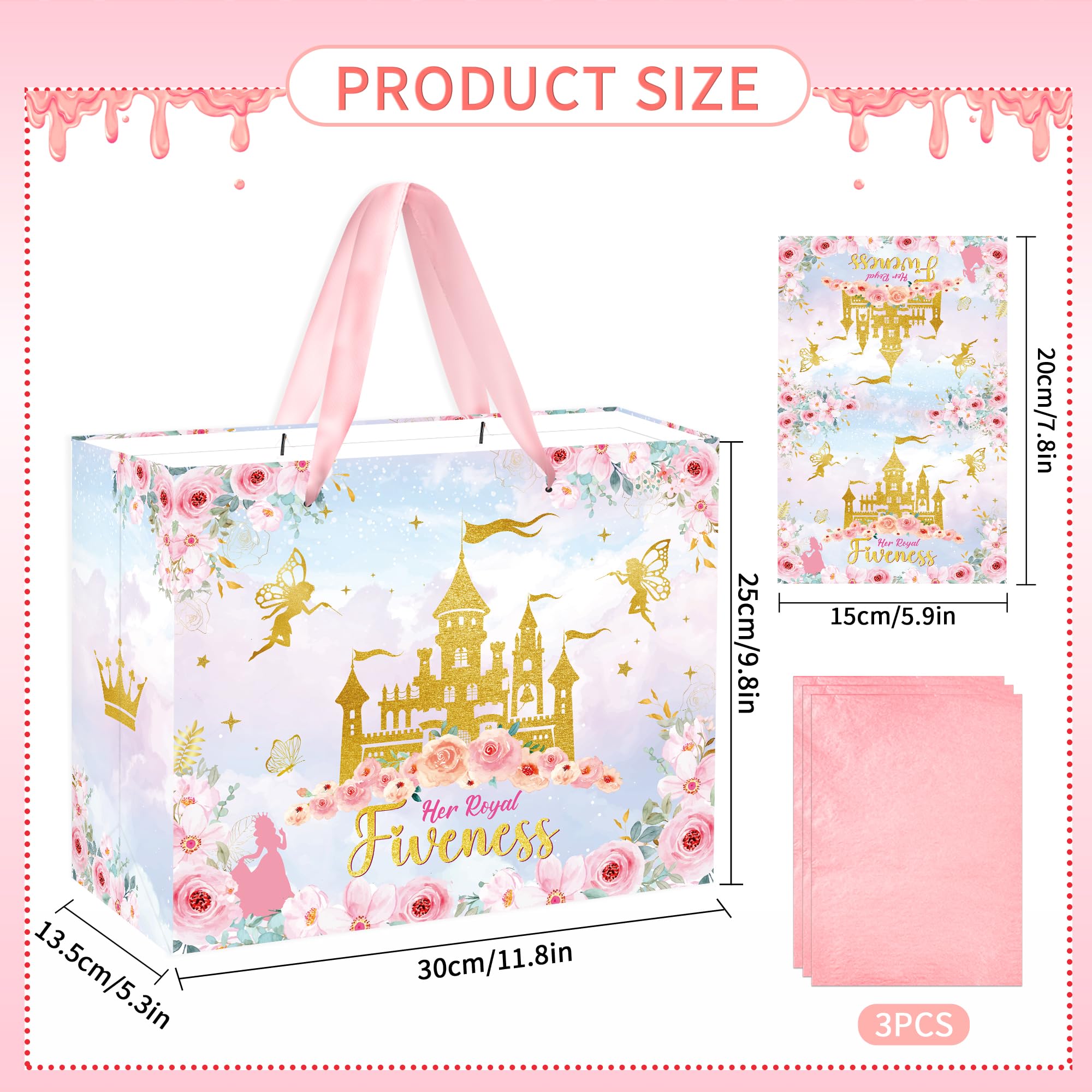 MOIZYNG Her Royal Fiveness Birthday Gift Bag, Pink Gold Castle Floral Princess 5th Birthday Gift Wrap Bags with Handles, Tissue Paper and Greeting Card for Girls 5 Year Old Party Favors Decorations