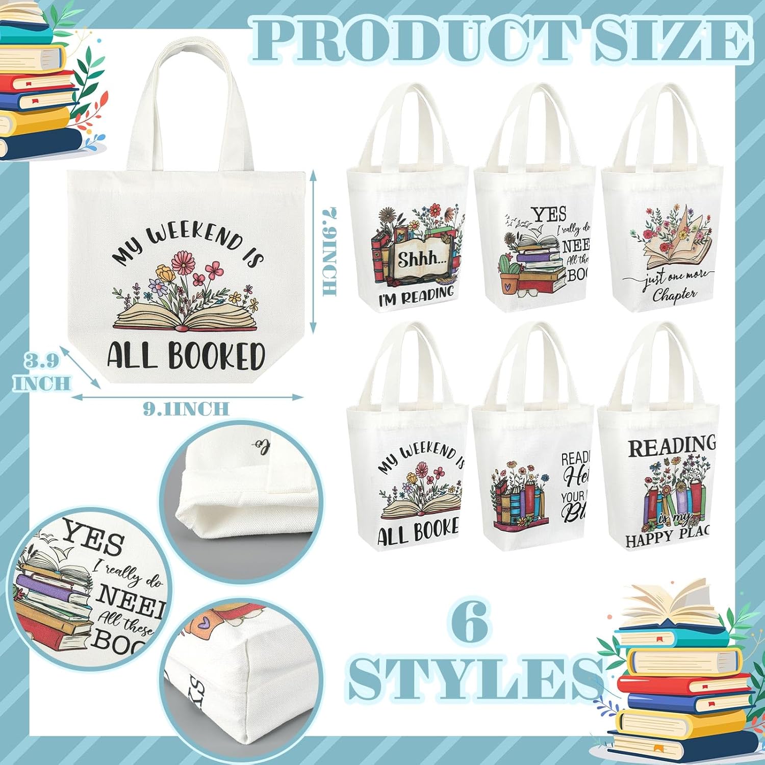 12 Pcs Book Tote Bags Book Lover Club Gifts Bulk Mini Bookish Canvas Tote Bag with Handle Reading Club Gifts for Valentine's Day Bookish Librarian Reader Lovers Women