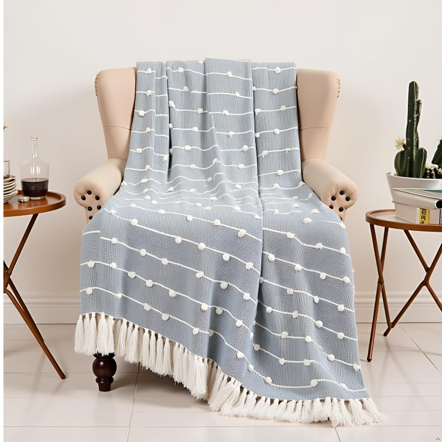 Soft Hand-Knitted Cotton Throw Blanket | All Season Throw for Sofa, Bed, Chair & Travel - Ideal for Gifting | 80x52 Inches/204x132 Cm | Grey with Tassels | Pack of 1