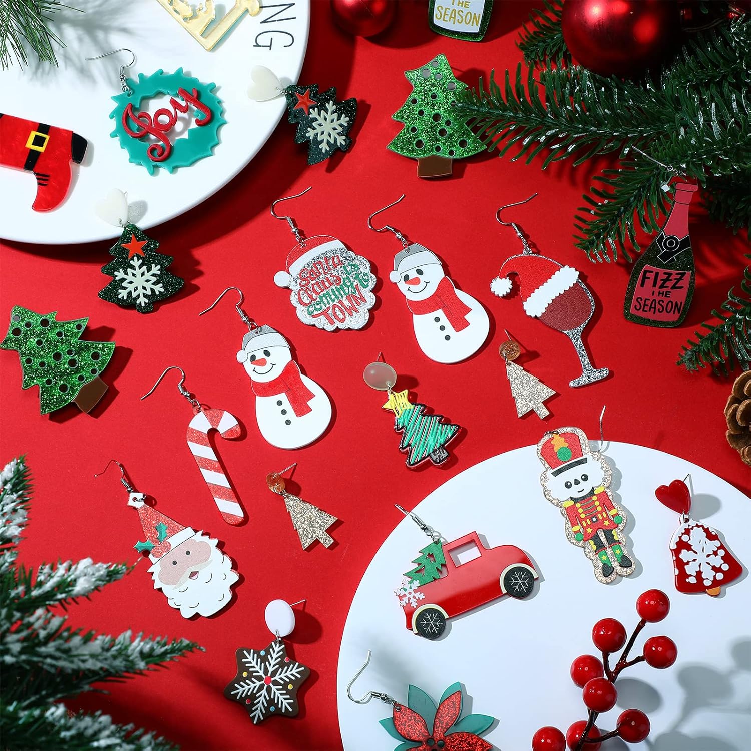 24 Pairs Christmas Earrings for Women Lightweight Dangle Acrylic Holiday Stud Earrings Tree Snowflake Earrings Cute Christmas Earrings for Lady Jewelry Gift - Image 3