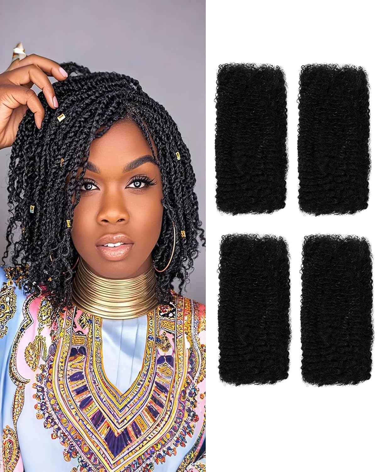 Afro Kinkys Bulk Human Hair Extensions,Kinky-Curly Real Human Hair for Dreadlocks/Locs Repair, Twist & Braid, Crochet Human Braiding Hair Bundles, Natural Black, 16 Inches 4 Packs