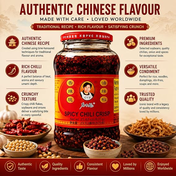 Laogan ma Crispy Chilli Oil Spicy Hot Sauce 23.63 oz (670g) XL Size Jar – Restaurant Size, Authentic Chinese Chili Oil with Crunchy Bits
