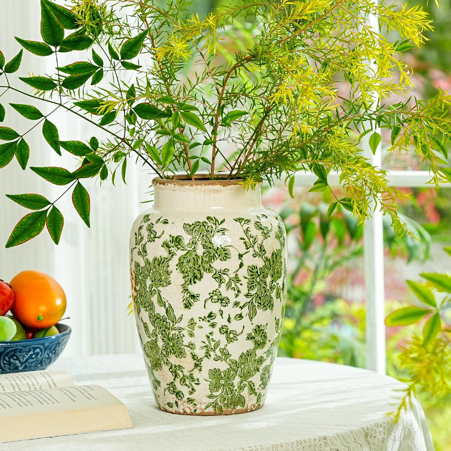 Sungmor Ceramic Flower Vase, Vintage Ice Cracked Glaze Porcelain Vase, Pretty Home Decor Vase for Flower Arrangement, Fresh Flowers, 10.2 Inch Tall Chinoiserie Pottery Vase, Green Floral Pattern - Image 4