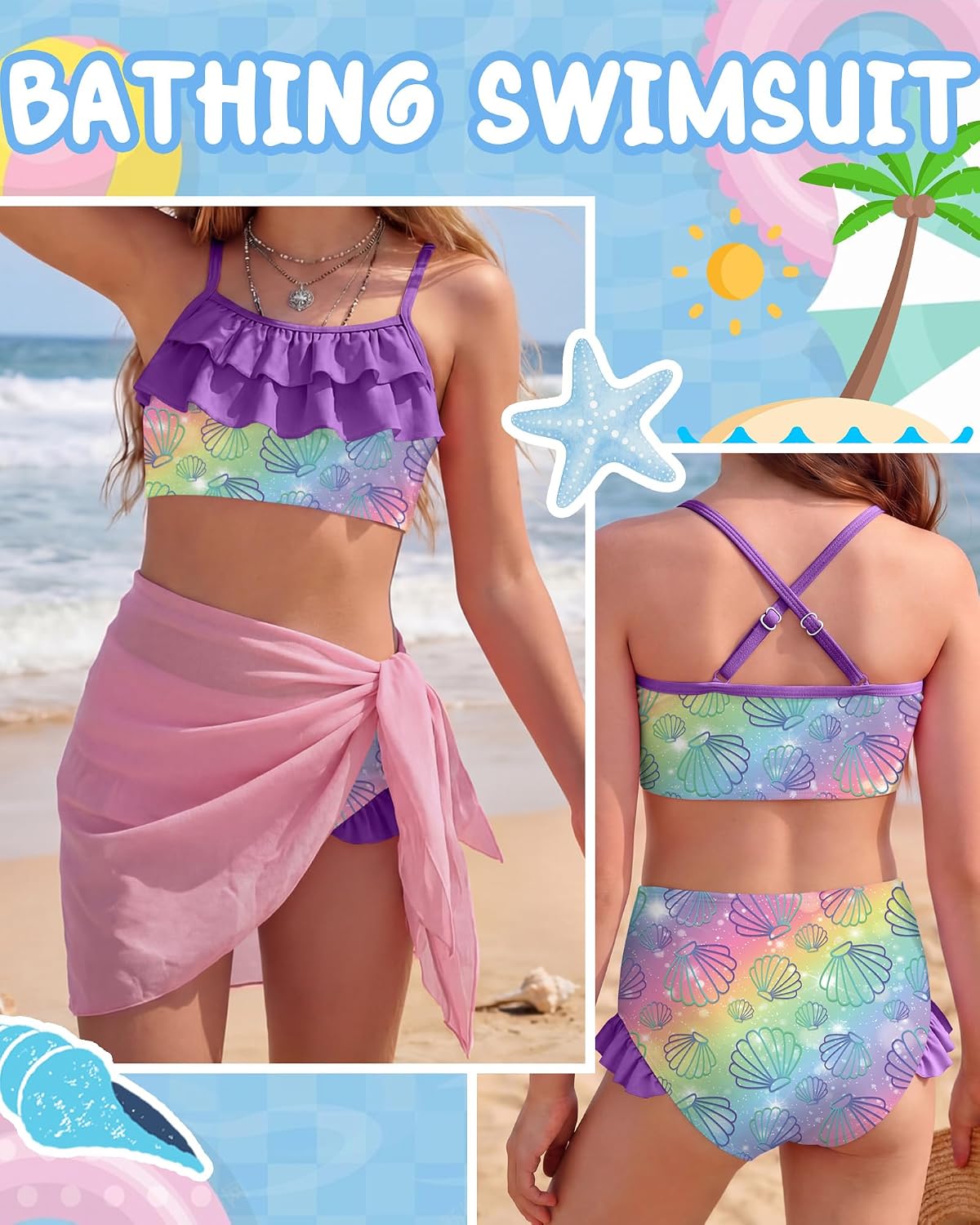 Xaatren Girls Bikini Swimsuit Two Piece Summer Bathing Suit with Adjustable Strap Ruffle Trim Swimsuit for 3-12 Years