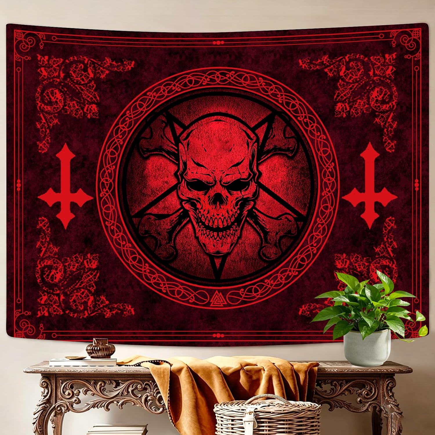 SHRAPHY Skull Head Tapestry 80x60 Inches Mysterious Magic Rune Symbol Gothic Hell Demon Altar Wall Hanging for Bedroom Living Room