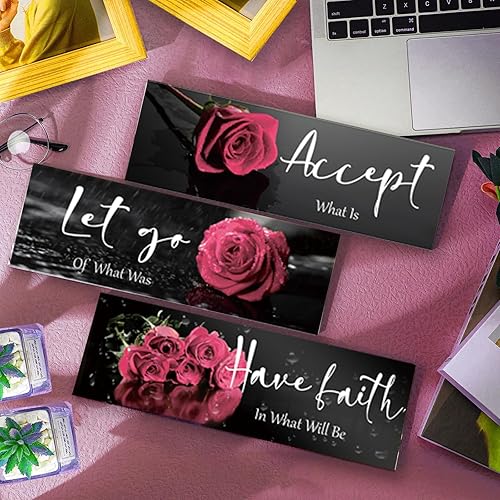 Miniatura 2 de 3 piezas de decoración de pared de rosas rosas para baño, arte de pared de madera inspiradora con frases positivas Aceptar, dejar ir, tener fe