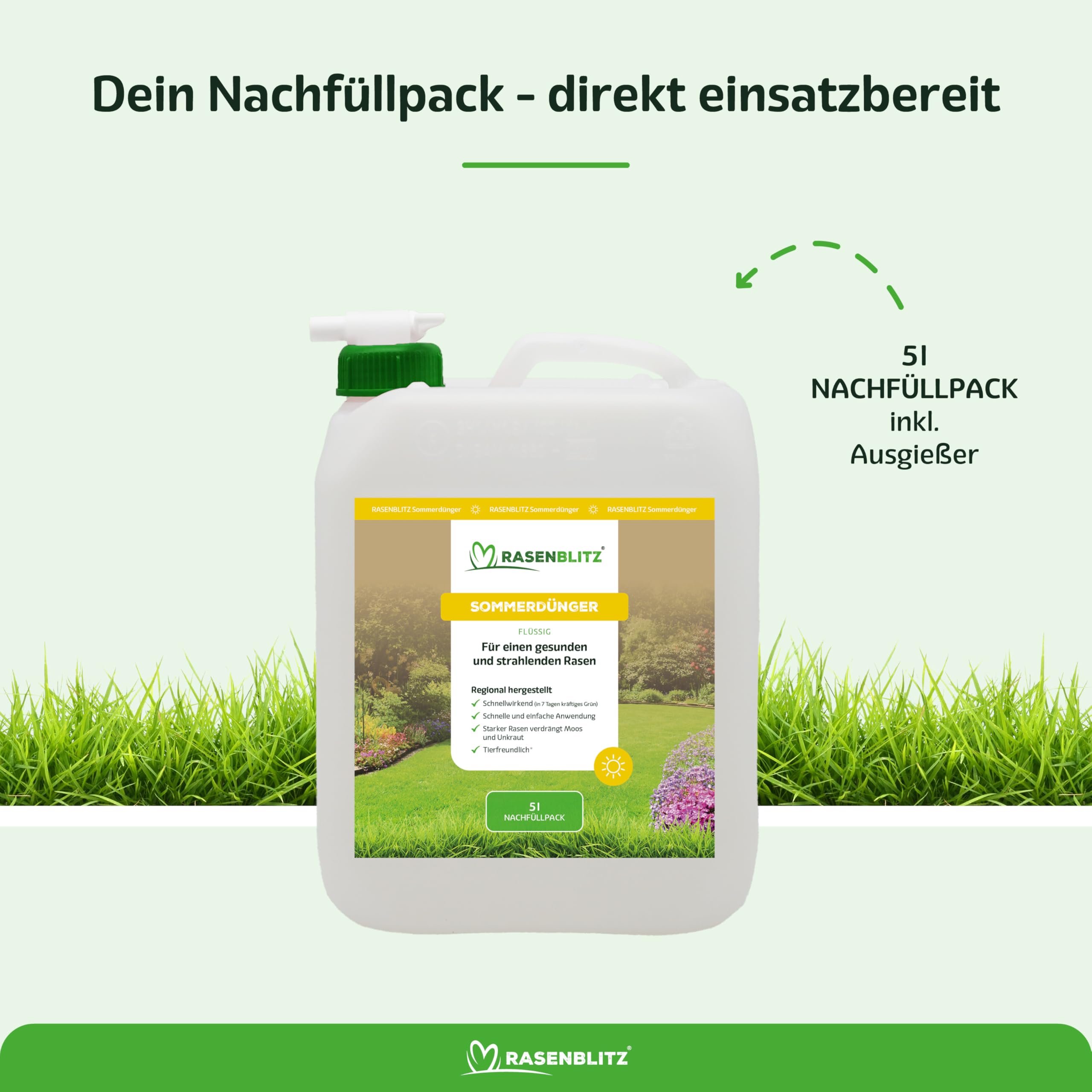 RASENBLITZ Sommerdünger Nachfüllpack – 5 L für 250–500 m², flüssig & sofort wirksam, nachhaltiger Rasendünger bei Trockenstress, ideal zur Auffrischung
