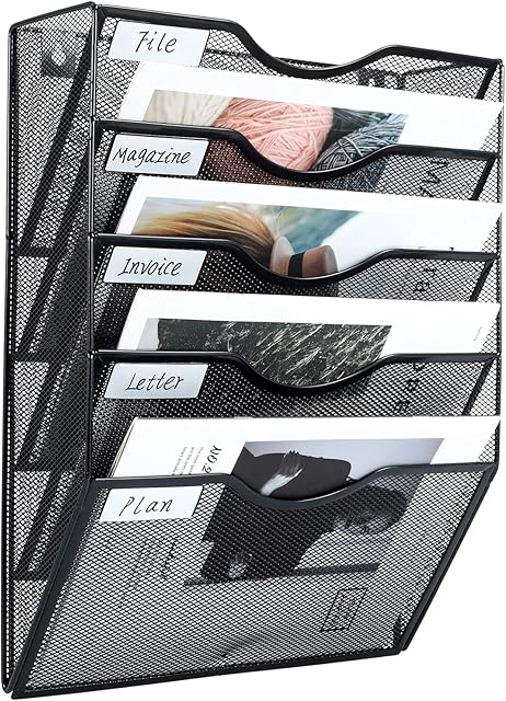 EasyPAG 5 Tier A4 Mesh in Tray Wall Pocket File Holder Mail Organiser Magazine Storage Rack,Black