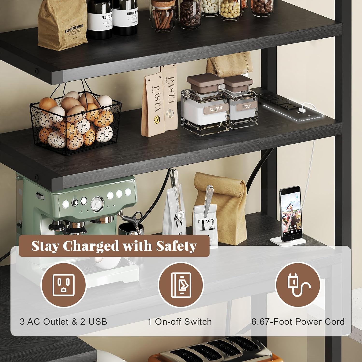 L-Shaped Bakers Rack with Power Outlet, 6-Tier Microwave Stand with Open Storage, Coffee Bar with Hooks, Mesh Grid, Kitchen Shelf with Wire Basket, Black