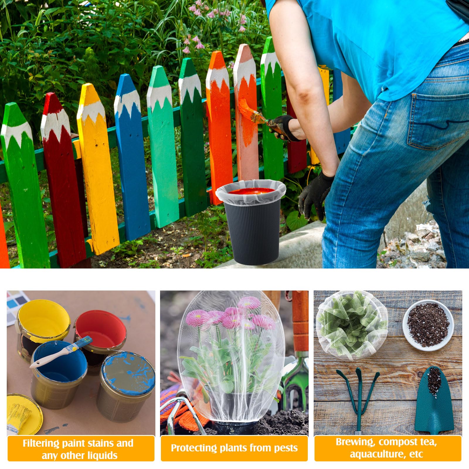 Boao 120 bolsas coladoras de pintura de malla fina blanca con parte superior elástica, filtro desechable para pintura, jardinería, protección de plantas (5 galones)