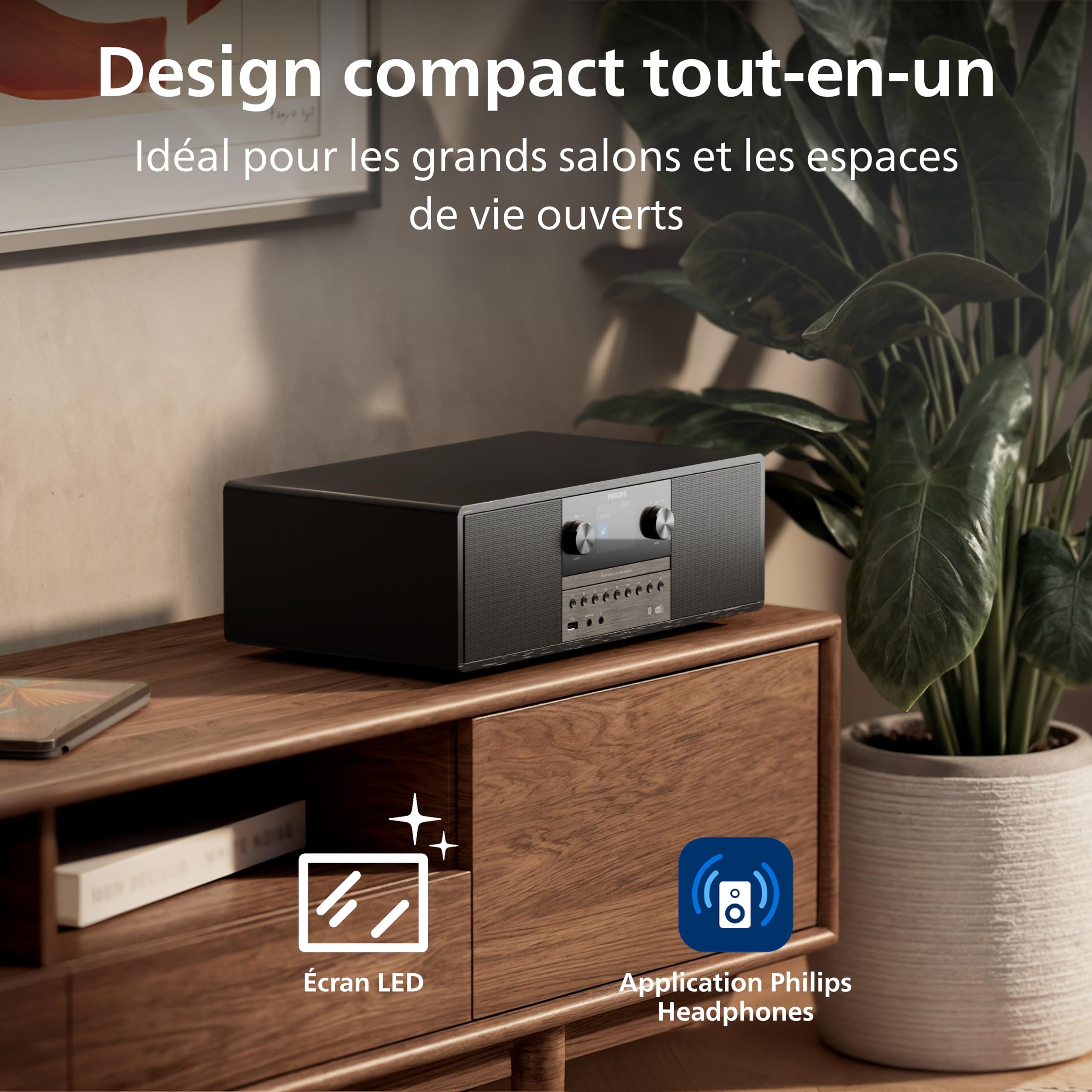 Philips TAM6500/10 Micro‑chaîne Musicale 100 Watts, Bluetooth 6.0, Auracast, Radio Dab+/FM, CD/USB/entrée Audio, Haut‑parleurs Bass‑Reflex, écran Couleur, télécommande, Plastique recyclé, Noir