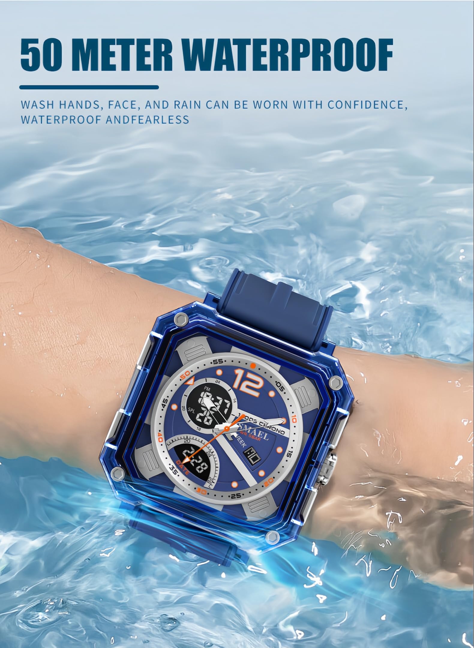 CARLIEN Orologio digitale quadrato trasparente da uomo impermeabile 50M
