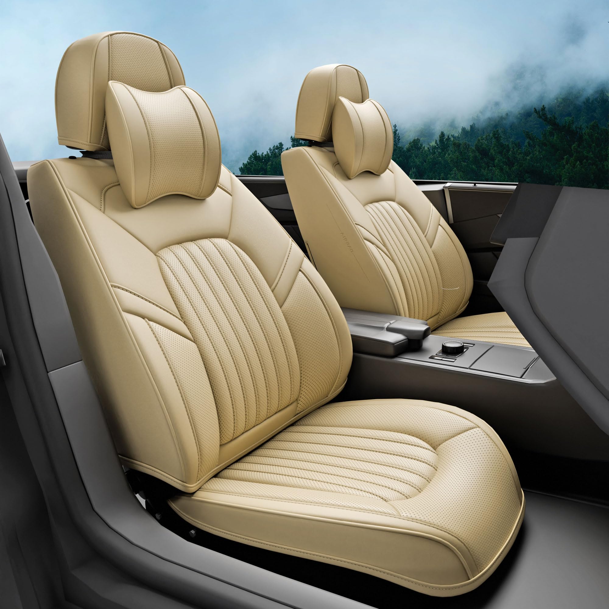 5 pieces zc front and rear car seat covers, waterproof nappa leather full set car seat protectors with headrests, universal auto interior fit for sedans suv pick-up truck, beige