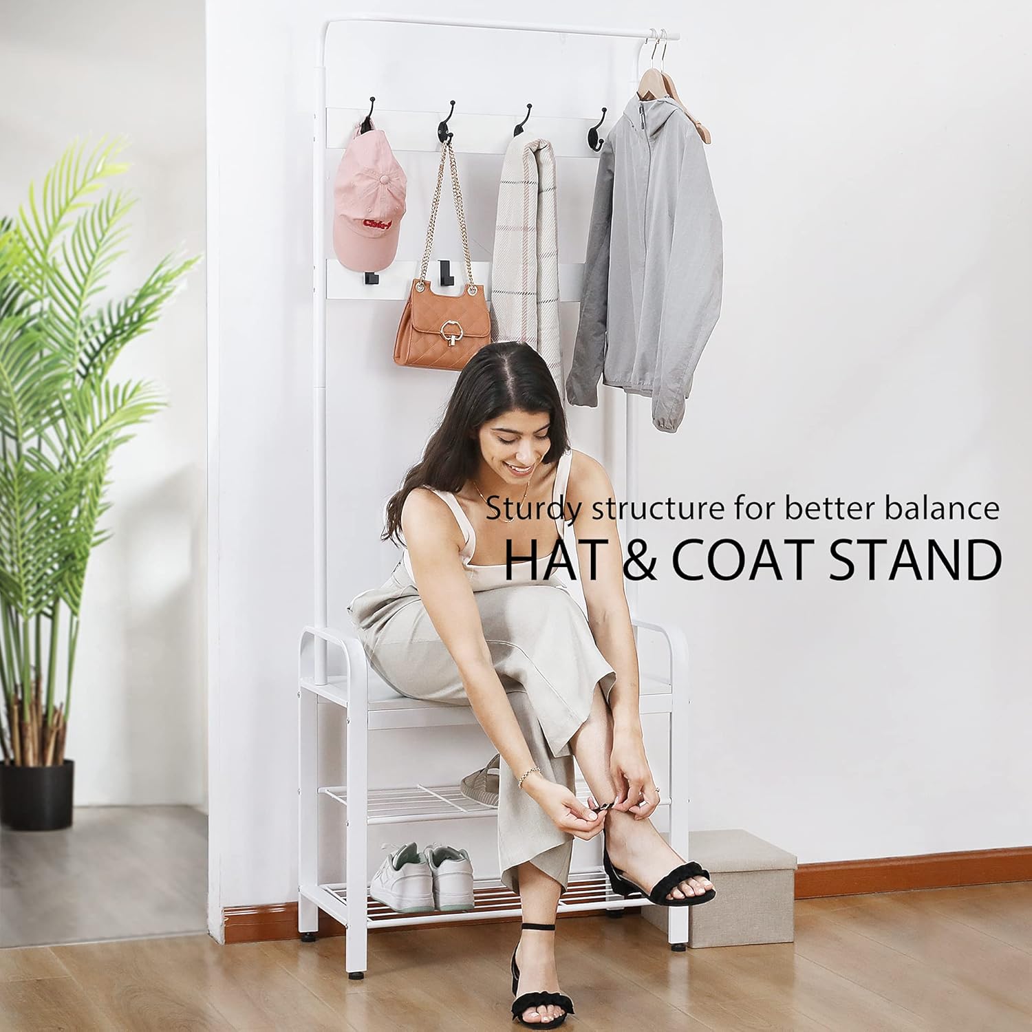 VIVOHOME 3-in-1 Entryway Hall Tree, Heavy Duty MDF Stand Coat Rack with Storage Bench and 8 Hooks, White : Home & Kitchen